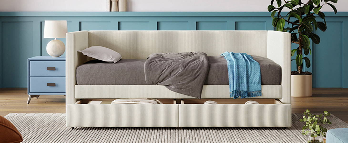 Twin Size Corduroy Daybed With Two Drawers And Wood Slat, Beige Beige Corduroy