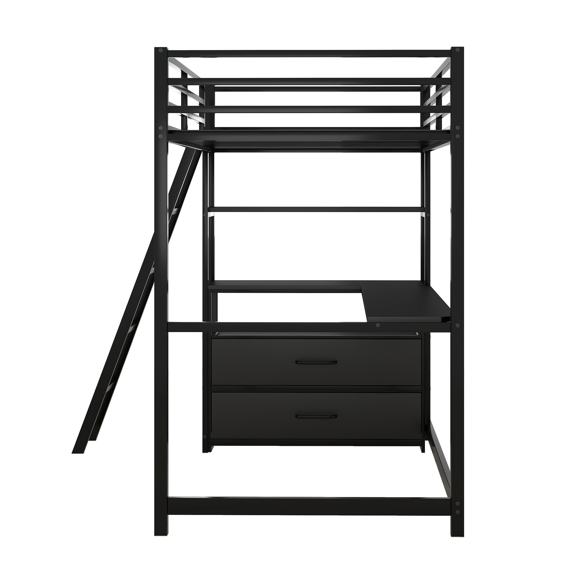 Twin Size Metal&Wood Loft Bed With Desk And Shelves, Two Built In Drawers, Black Black Metal & Wood