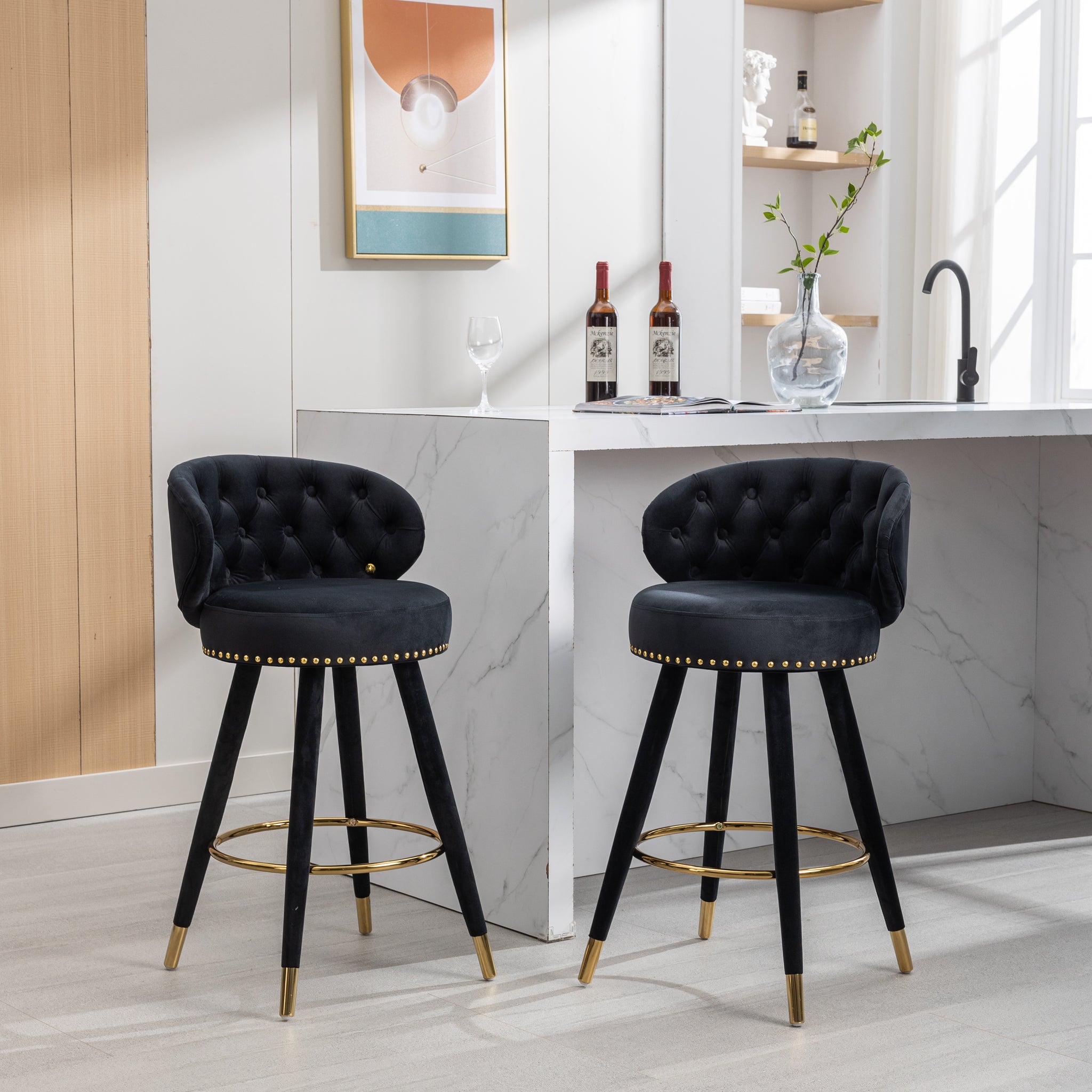 Coolmore Counter Height Bar Stools Set Of 2 For Kitchen Counter Solid Wood Legs With A Fixed Height Of 360 Degrees Black Velvet