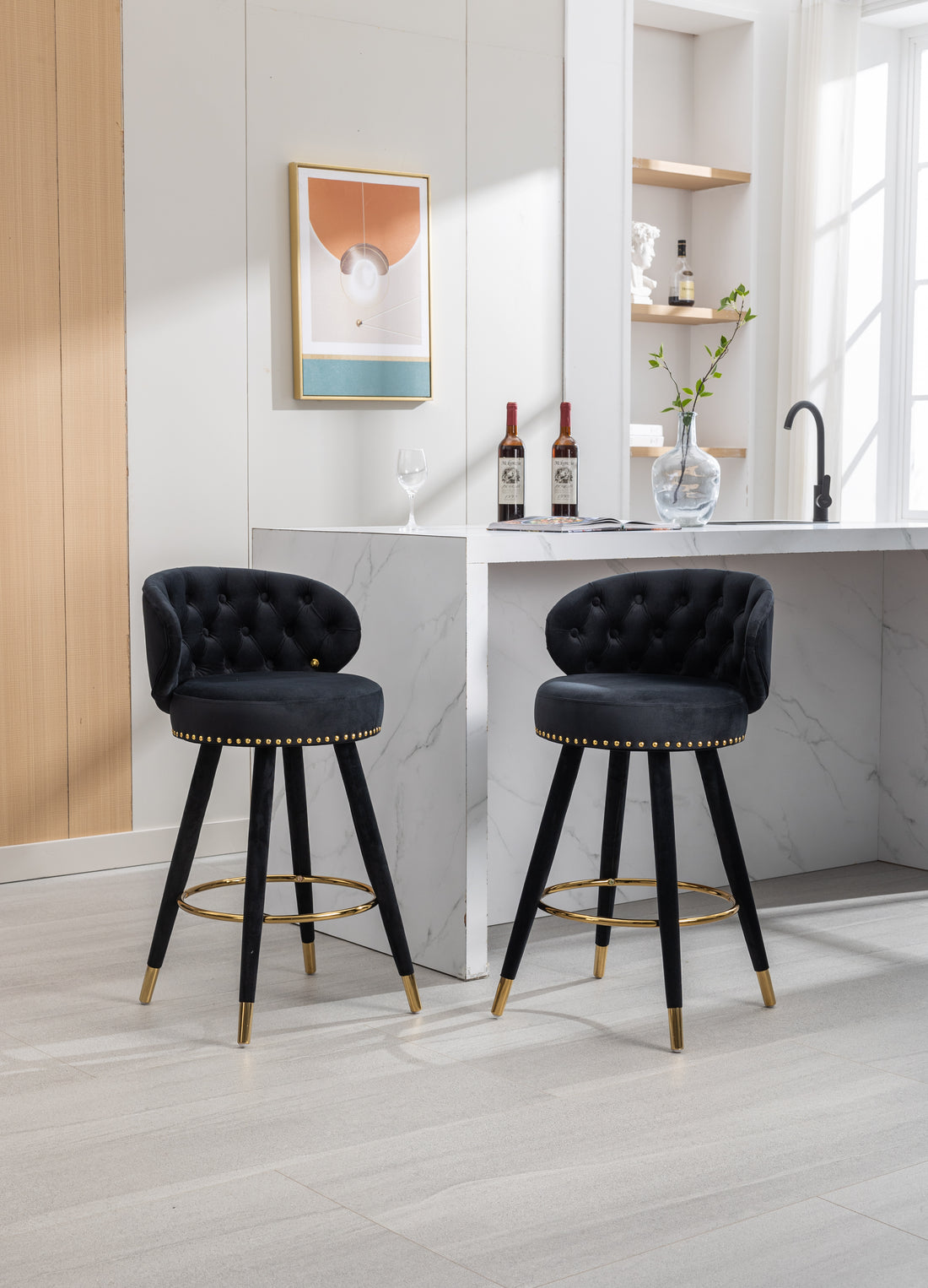 Coolmore Counter Height Bar Stools Set Of 2 For Kitchen Counter Solid Wood Legs With A Fixed Height Of 360 Degrees Black Velvet