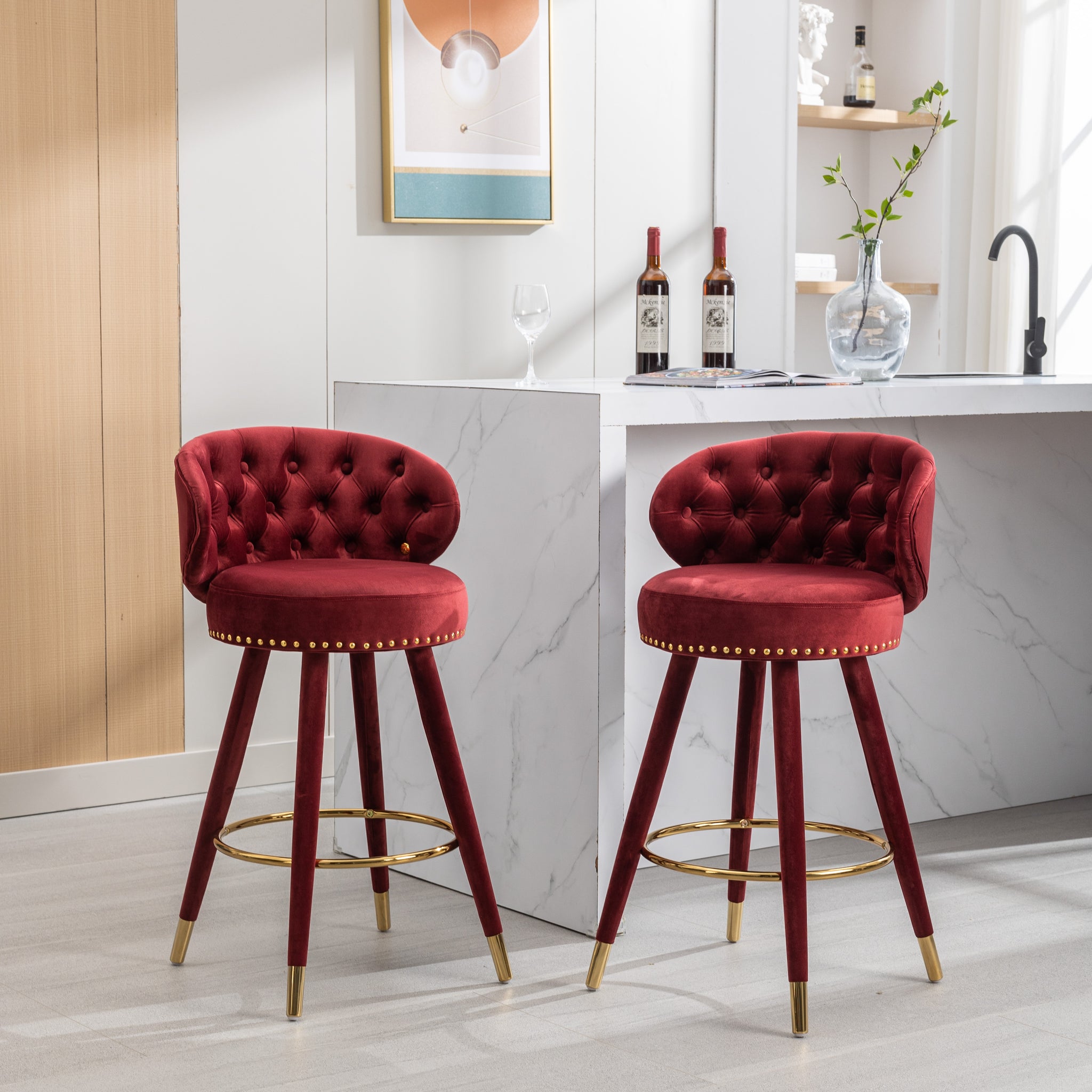 Coolmore Counter Height Bar Stools Set Of 2 For Kitchen Counter Solid Wood Legs With A Fixed Height Of 360 Degrees Claret Red Velvet