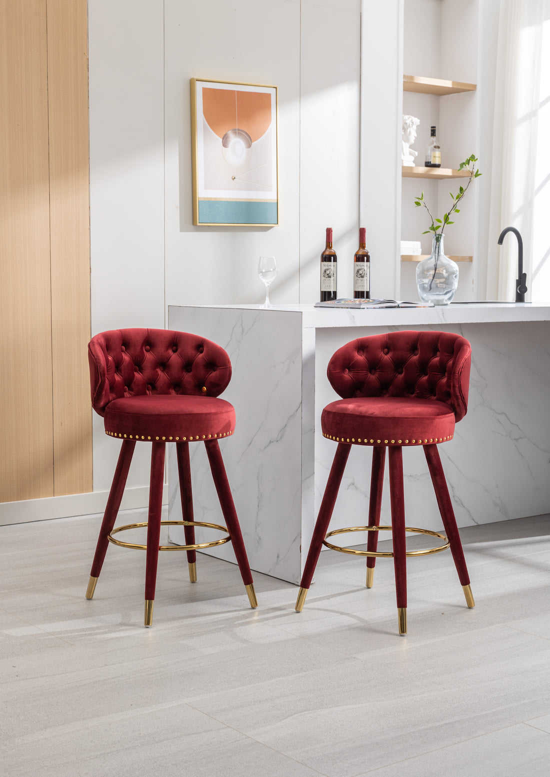 Coolmore Counter Height Bar Stools Set Of 2 For Kitchen Counter Solid Wood Legs With A Fixed Height Of 360 Degrees Claret Red Velvet