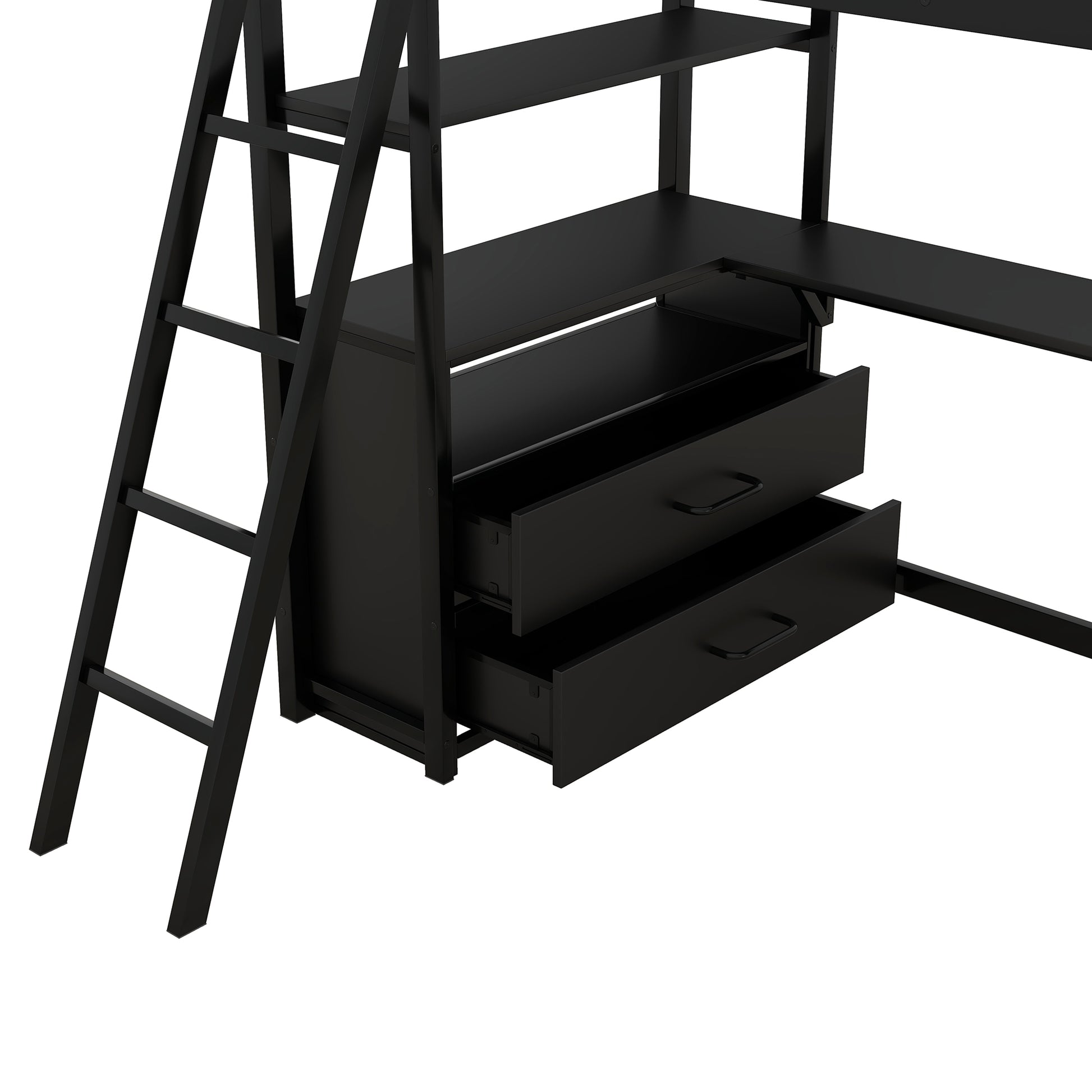 Twin Size Metal&Wood Loft Bed With Desk And Shelves, Two Built In Drawers, Black Black Metal & Wood