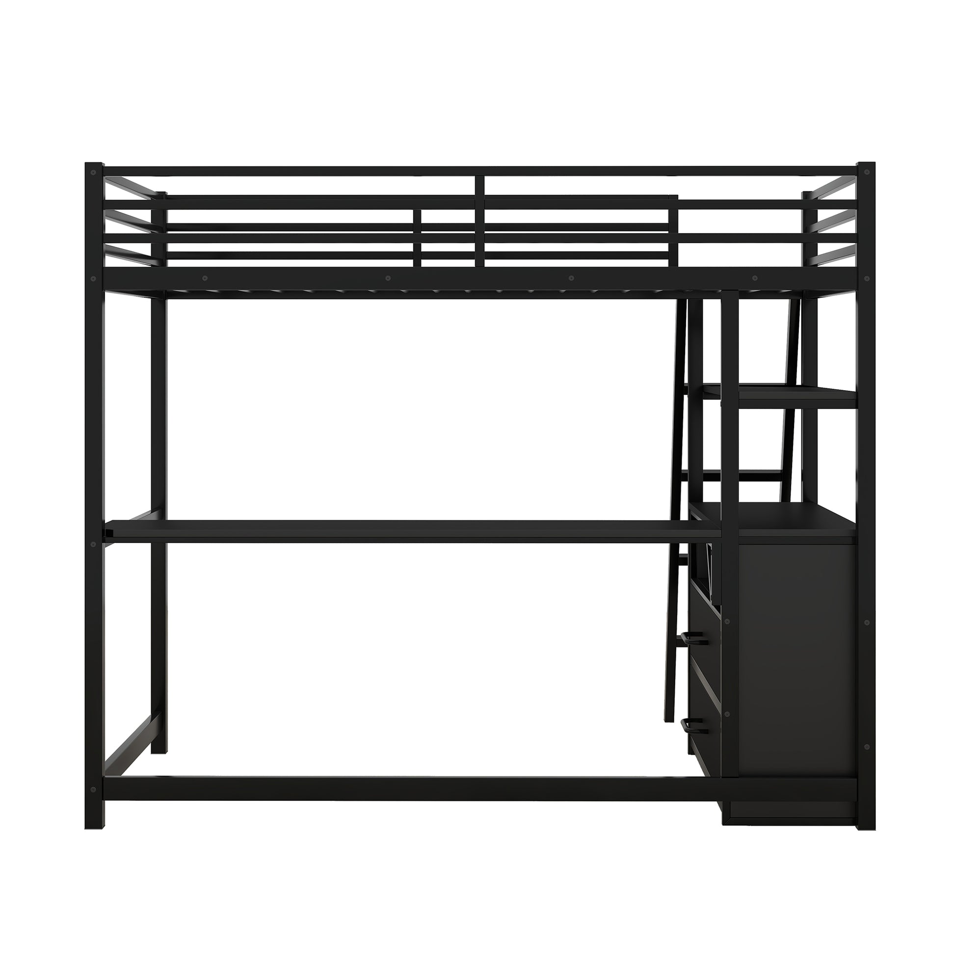 Twin Size Metal&Wood Loft Bed With Desk And Shelves, Two Built In Drawers, Black Black Metal & Wood