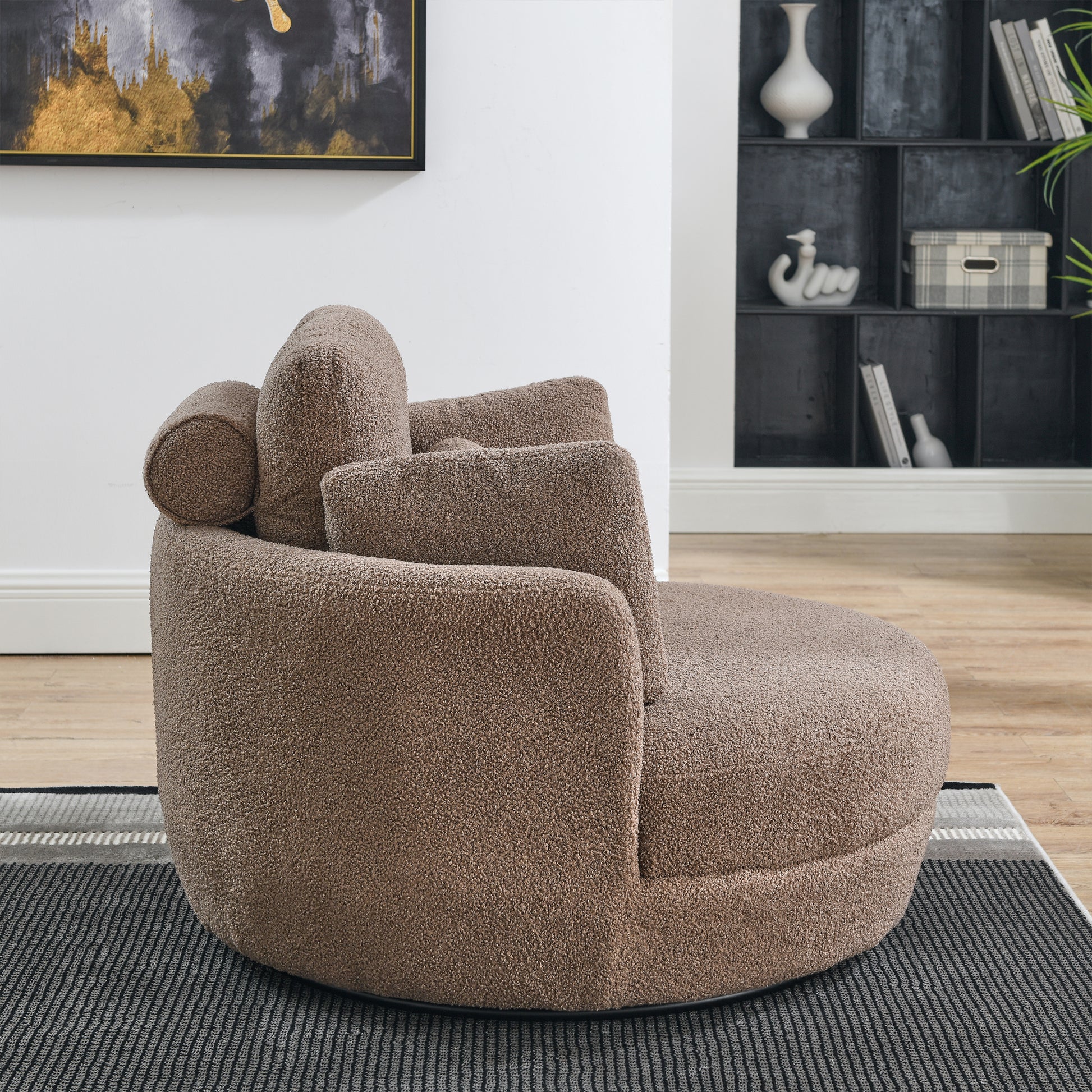 39"W Oversized Swivel Chair With Moon Storage Ottoman For Living Room, Modern Accent Round Loveseat Circle Swivel Barrel Chairs For Bedroom Cuddle Sofa Chair Lounger Armchair, 4 Pillows, Teddy Fabric Coffee Foam Fabric