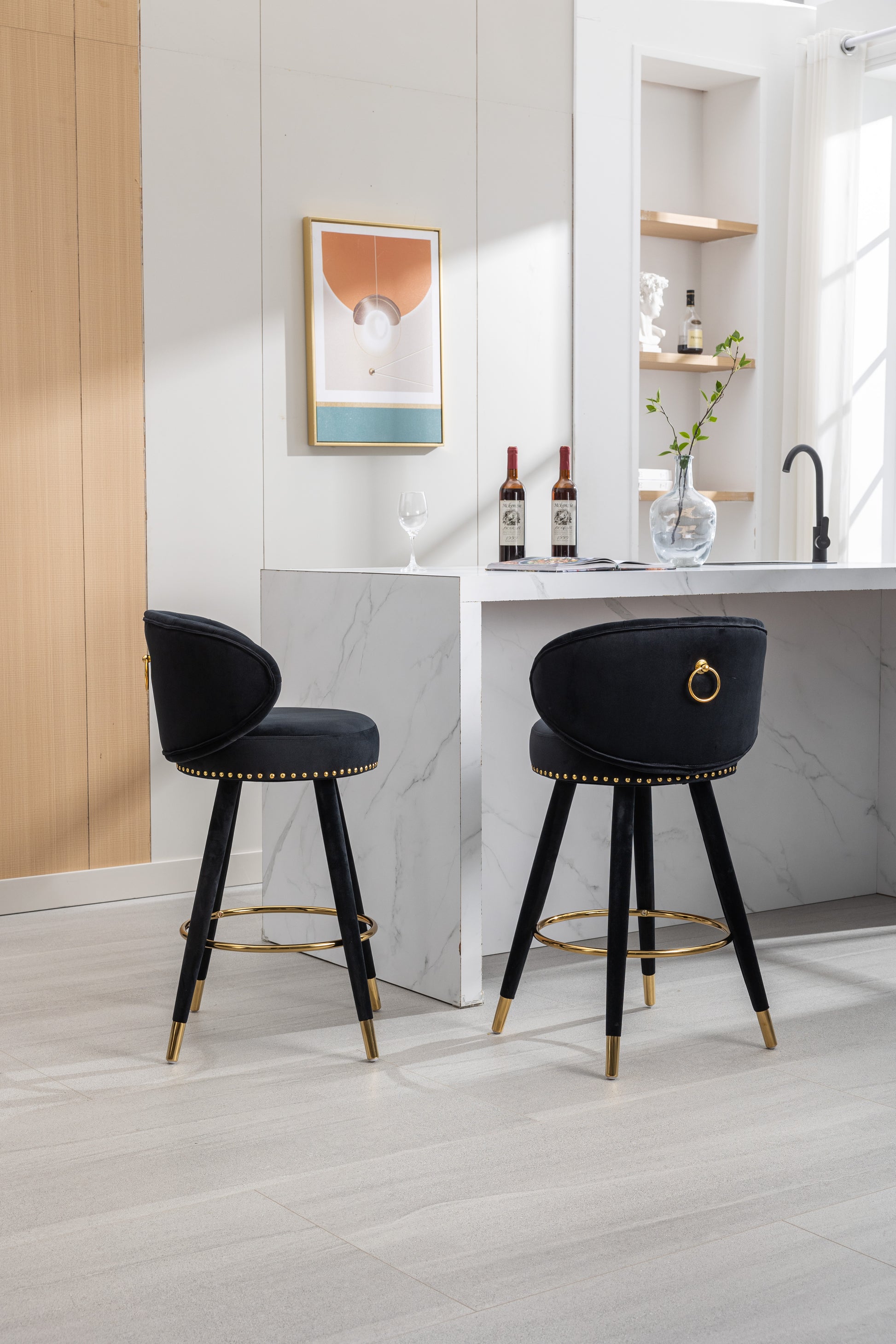 Coolmore Counter Height Bar Stools Set Of 2 For Kitchen Counter Solid Wood Legs With A Fixed Height Of 360 Degrees Black Velvet