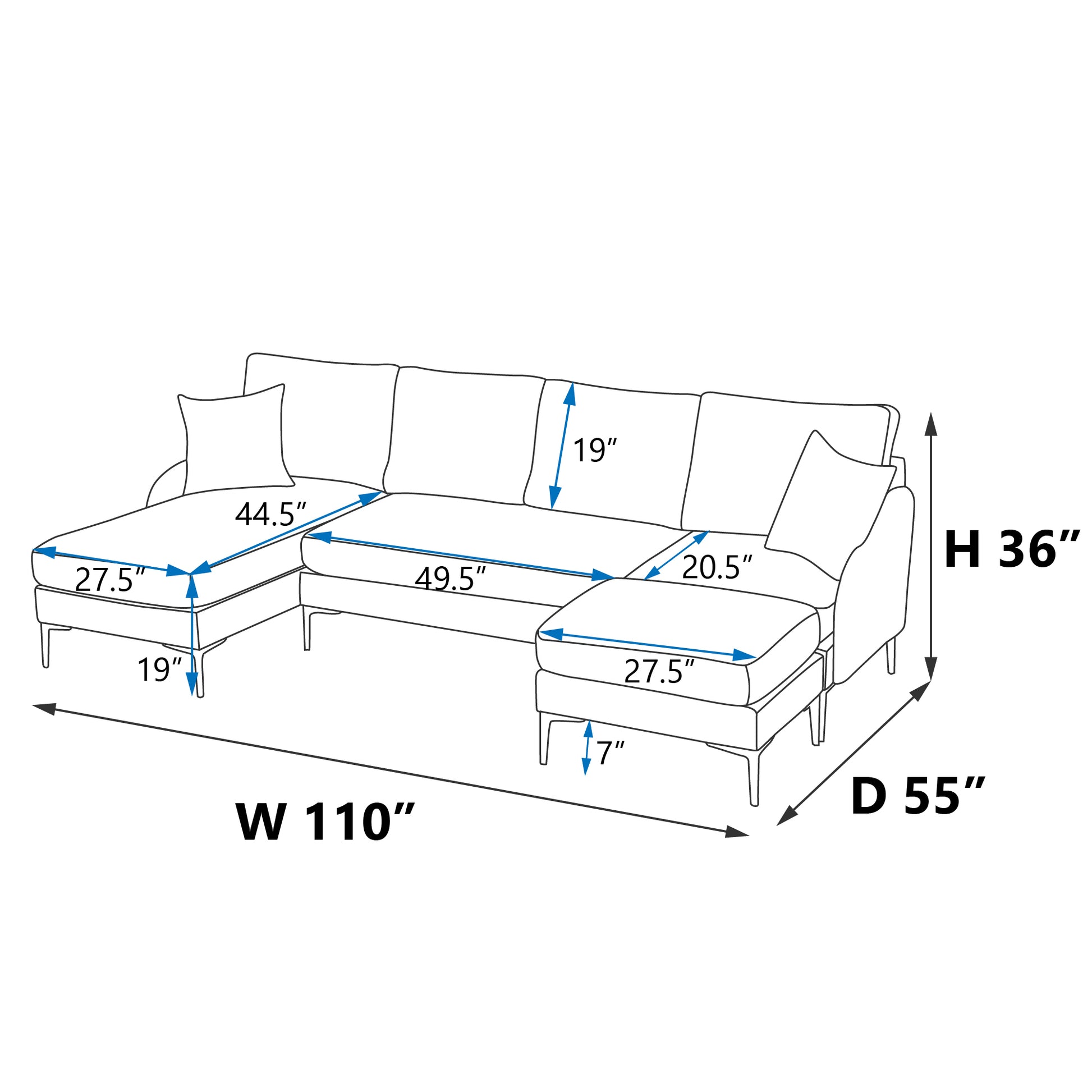 110'' Wide Reversible Left Or Right Chaise Of Sectional Sofa U Shape Convertible Sofa Couch 4 Seat Couch With Chaise Lounge Upholstered For Living Room, Apartment, Office, Blue Polyester Blend Blue Foam Polyester