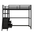 Twin Size Metal&Wood Loft Bed With Desk And Shelves, Two Built In Drawers, Black Black Metal & Wood