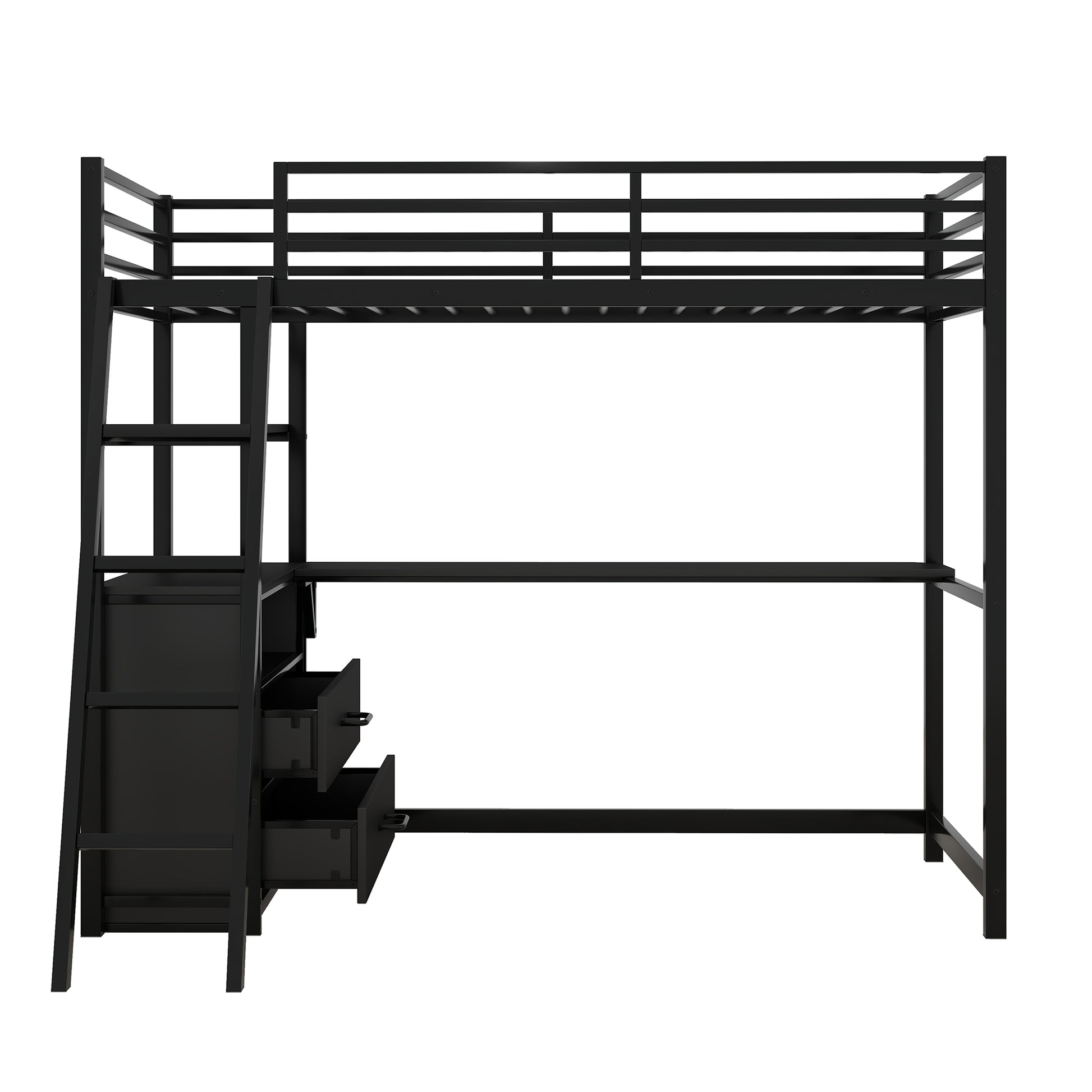 Twin Size Metal&Wood Loft Bed With Desk And Shelves, Two Built In Drawers, Black Black Metal & Wood