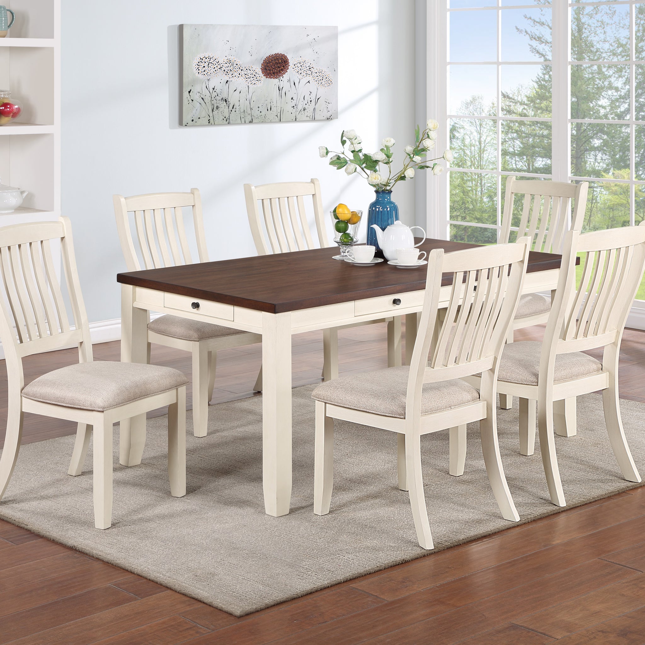 Classic Dining Room Furniture 7Pc Dining Set Dining Table W Drawers 6X Side Chairs White Rubberwood Walnut Acacia Veneer Slats Back Chair White Wood Dining Room Rubberwood Rectangular Dining Table With Chair Wood Wood White Slat Back Seats 6 60 Inches