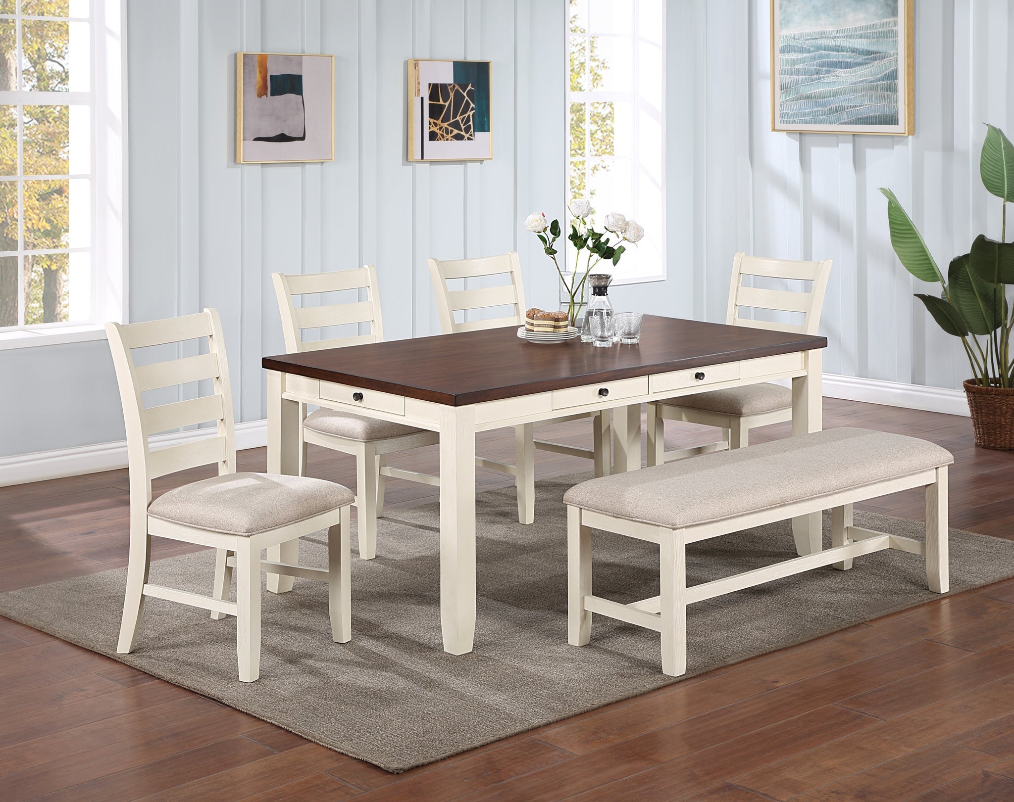 Luxury Look Dining Room Furniture 6Pc Dining Set Dining Table W Drawers 4X Side Chairs 1X Bench White Rubberwood Walnut Acacia Veneer Ladder Back Chair White Wood Dining Room Bench Seating Rubberwood Rectangular Dining Table With Chair And Bench Wood