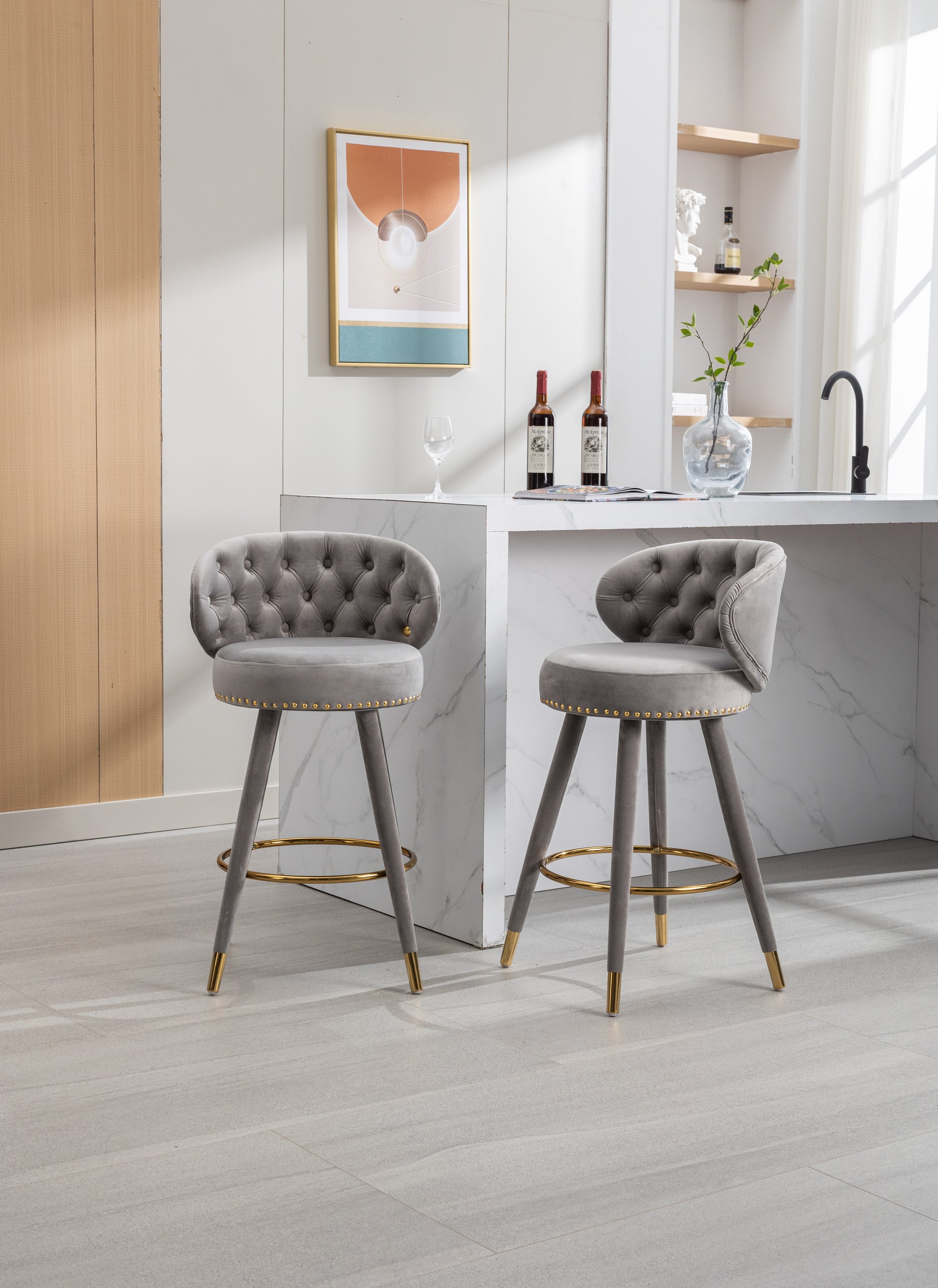 Coolmore Counter Height Bar Stools Set Of 2 For Kitchen Counter Solid Wood Legs With A Fixed Height Of 360 Degrees Gray Velvet