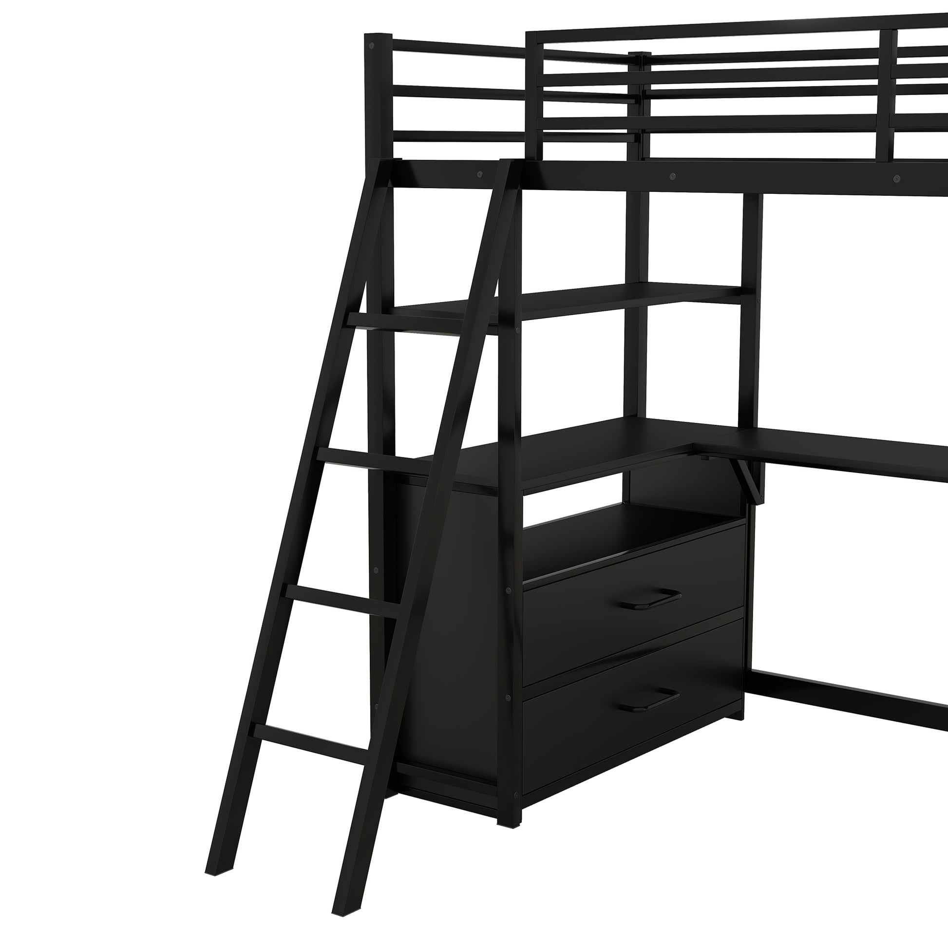 Twin Size Metal&Wood Loft Bed With Desk And Shelves, Two Built In Drawers, Black Black Metal & Wood