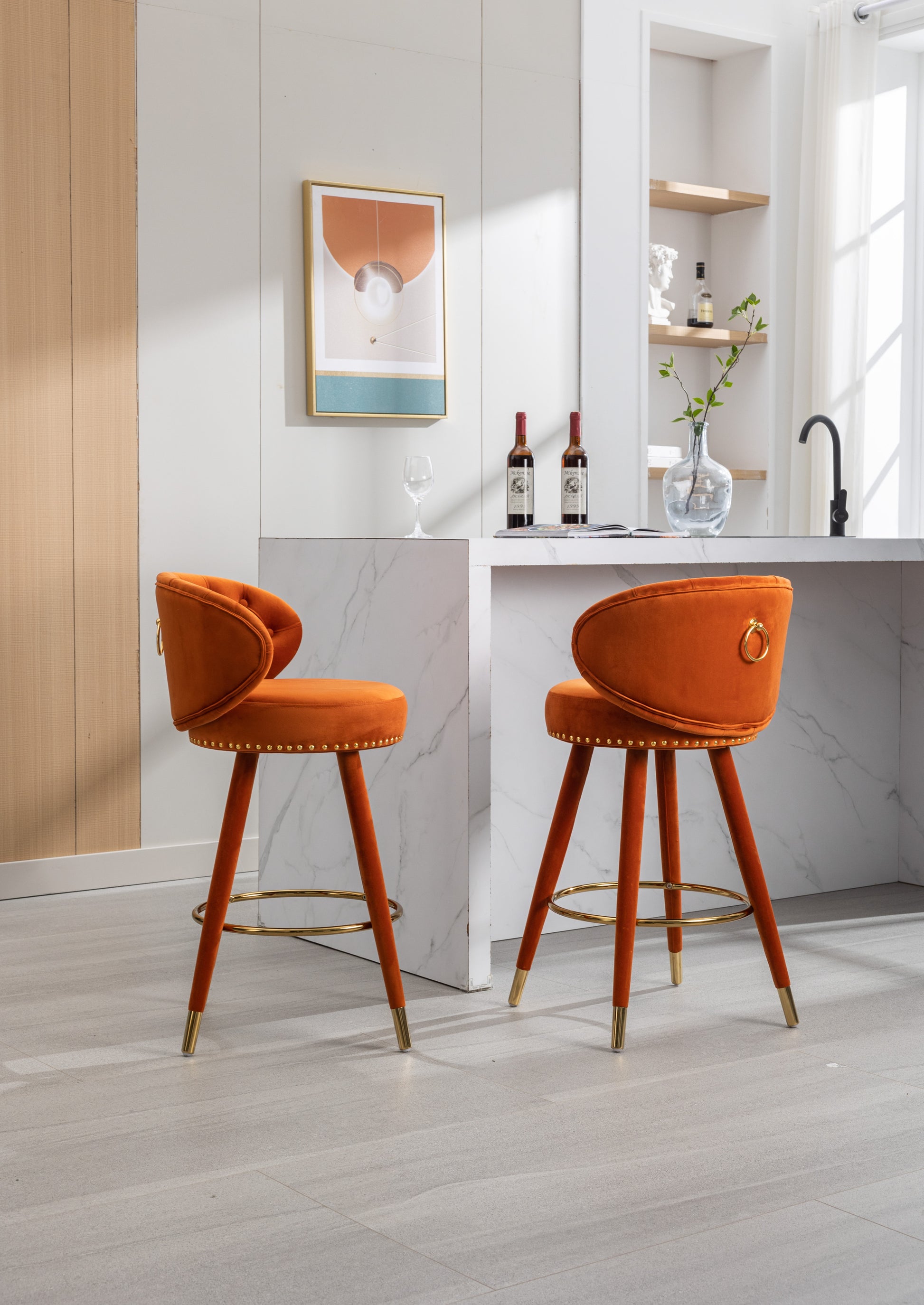 Coolmore Counter Height Bar Stools Set Of 2 For Kitchen Counter Solid Wood Legs With A Fixed Height Of 360 Degrees Orange Velvet