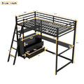 Twin Size Metal&Wood Loft Bed With Desk And Shelves, Two Built In Drawers, Black Black Metal & Wood