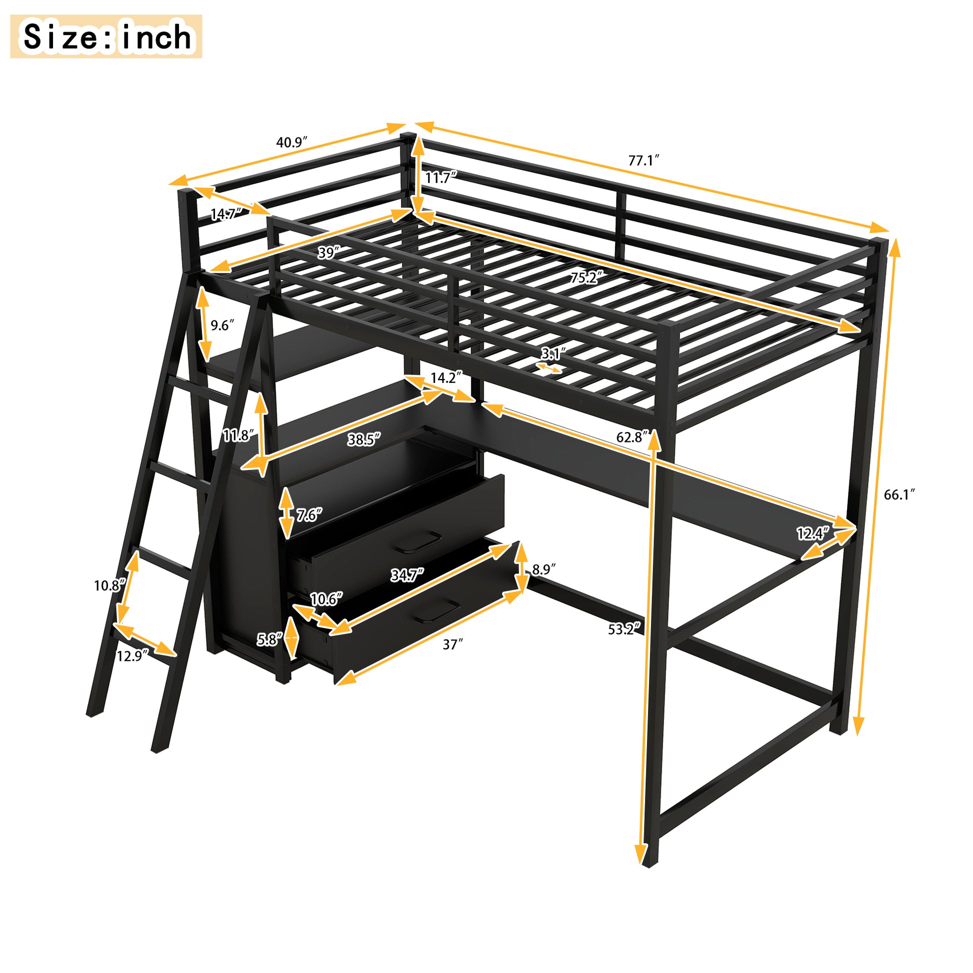 Twin Size Metal&Wood Loft Bed With Desk And Shelves, Two Built In Drawers, Black Black Metal & Wood