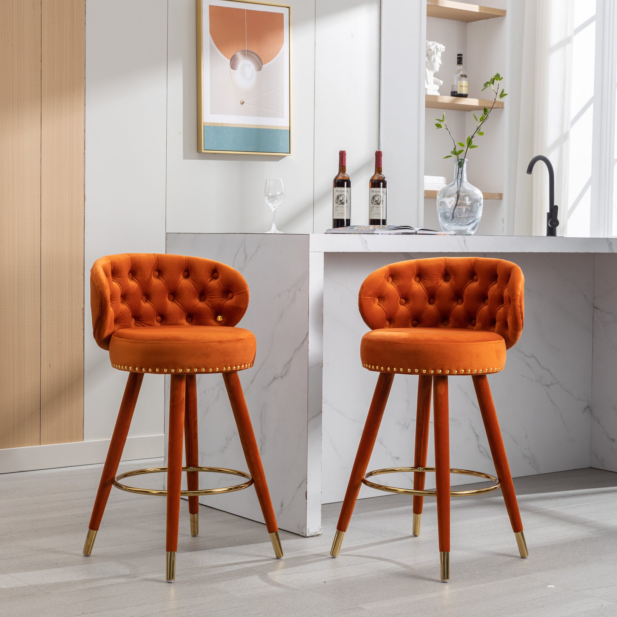 Coolmore Counter Height Bar Stools Set Of 2 For Kitchen Counter Solid Wood Legs With A Fixed Height Of 360 Degrees Orange Velvet
