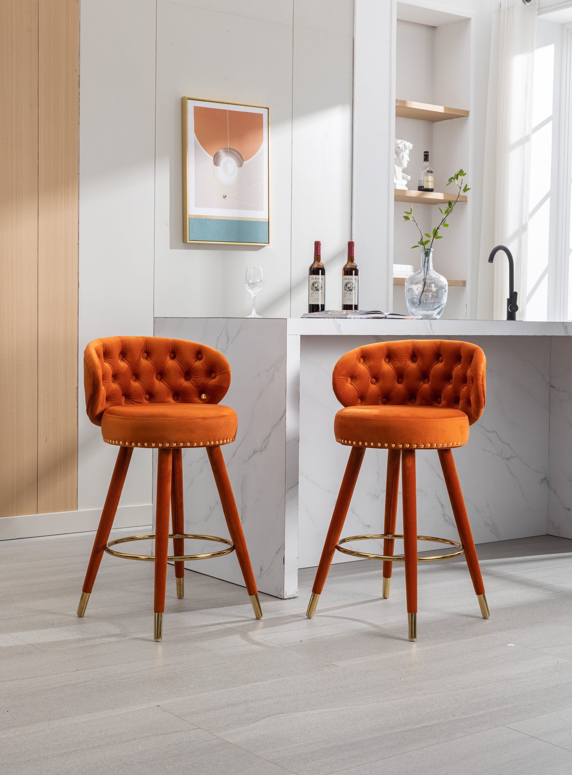 Coolmore Counter Height Bar Stools Set Of 2 For Kitchen Counter Solid Wood Legs With A Fixed Height Of 360 Degrees Orange Velvet