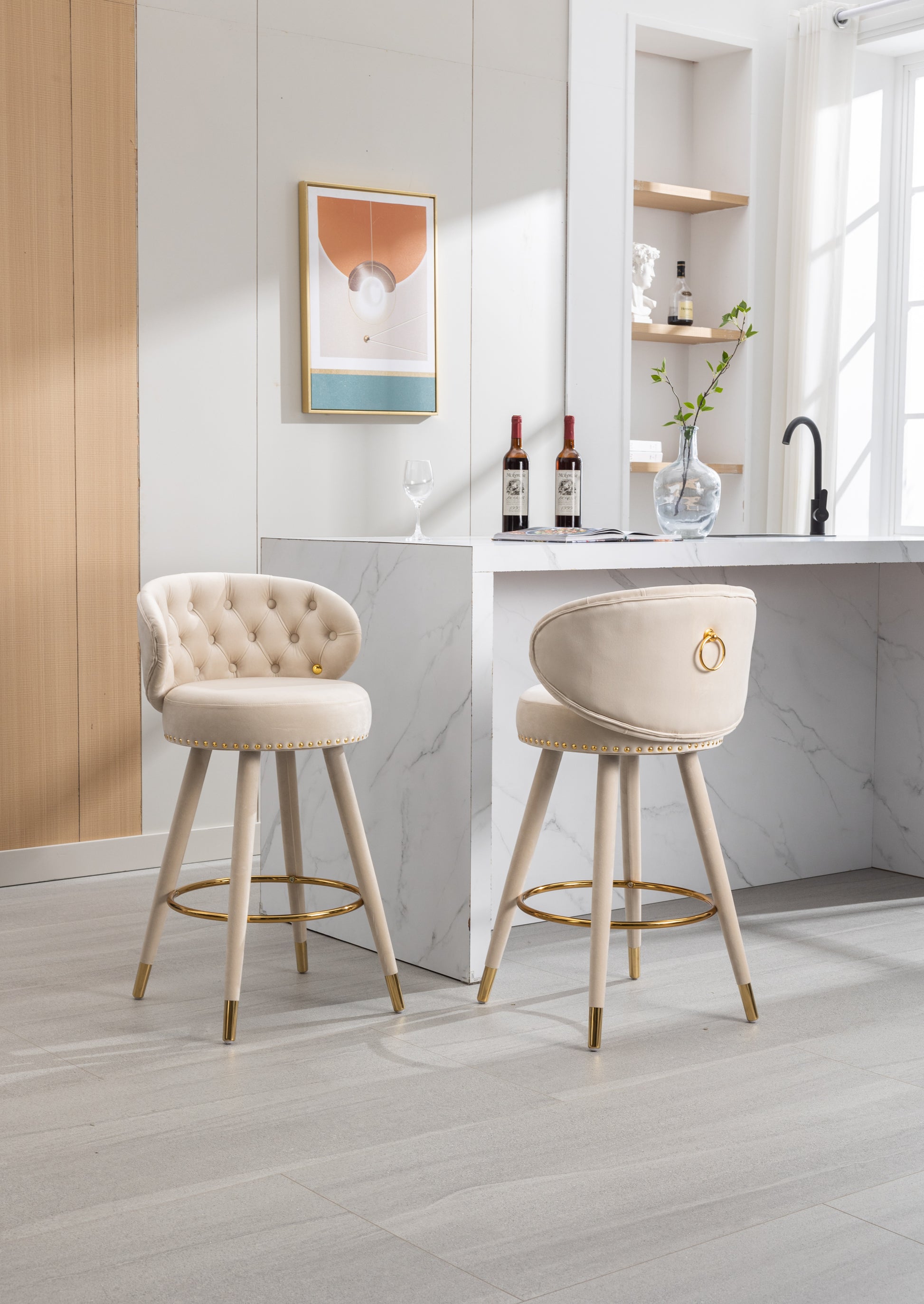 Coolmore Counter Height Bar Stools Set Of 2 For Kitchen Counter Solid Wood Legs With A Fixed Height Of 360 Degrees Beige Velvet