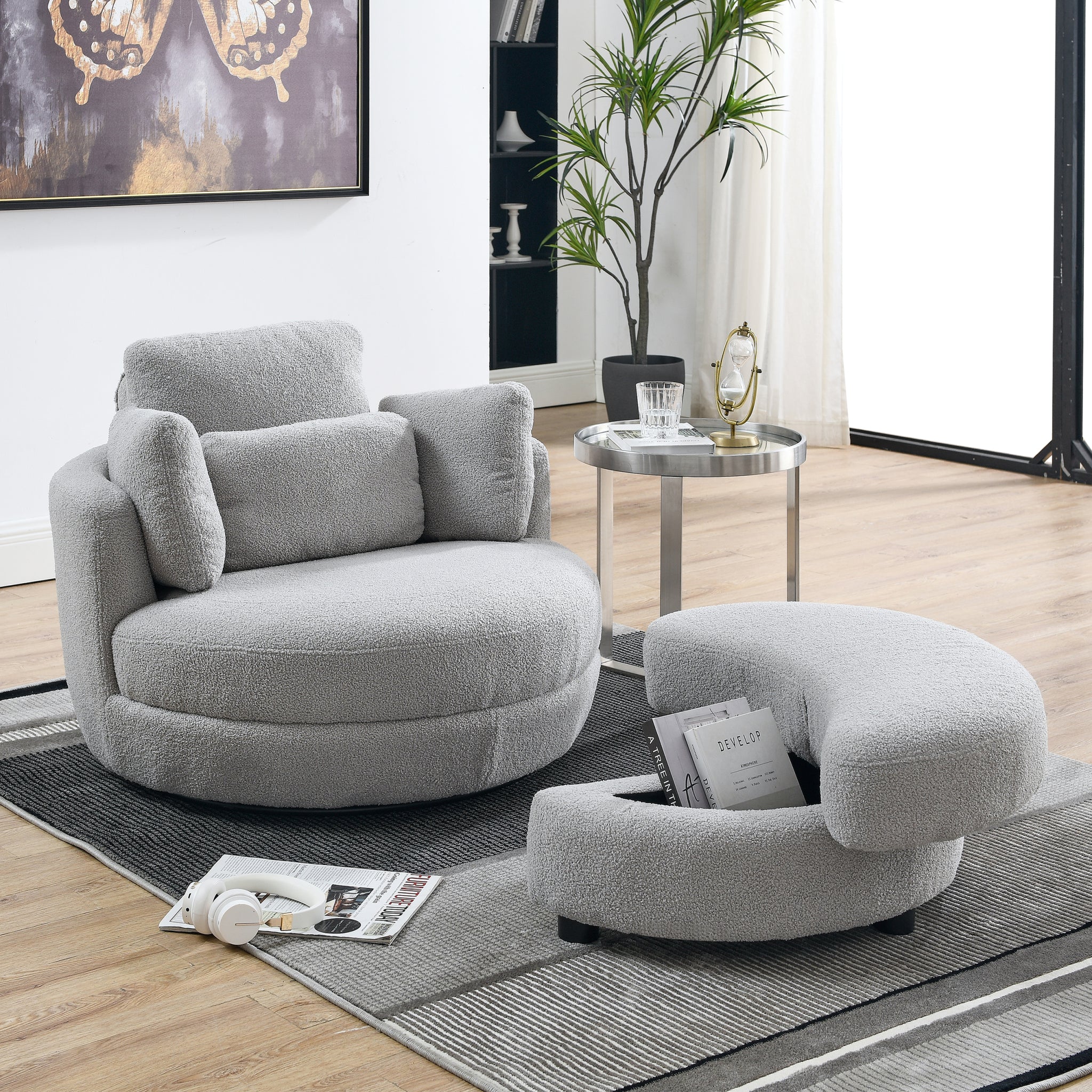 39"W Oversized Swivel Chair With Moon Storage Ottoman For Living Room, Modern Accent Round Loveseat Circle Swivel Barrel Chairs For Bedroom Cuddle Sofa Chair Lounger Armchair, 4 Pillows, Teddy Fabric Grey Teddy Foam Fabric
