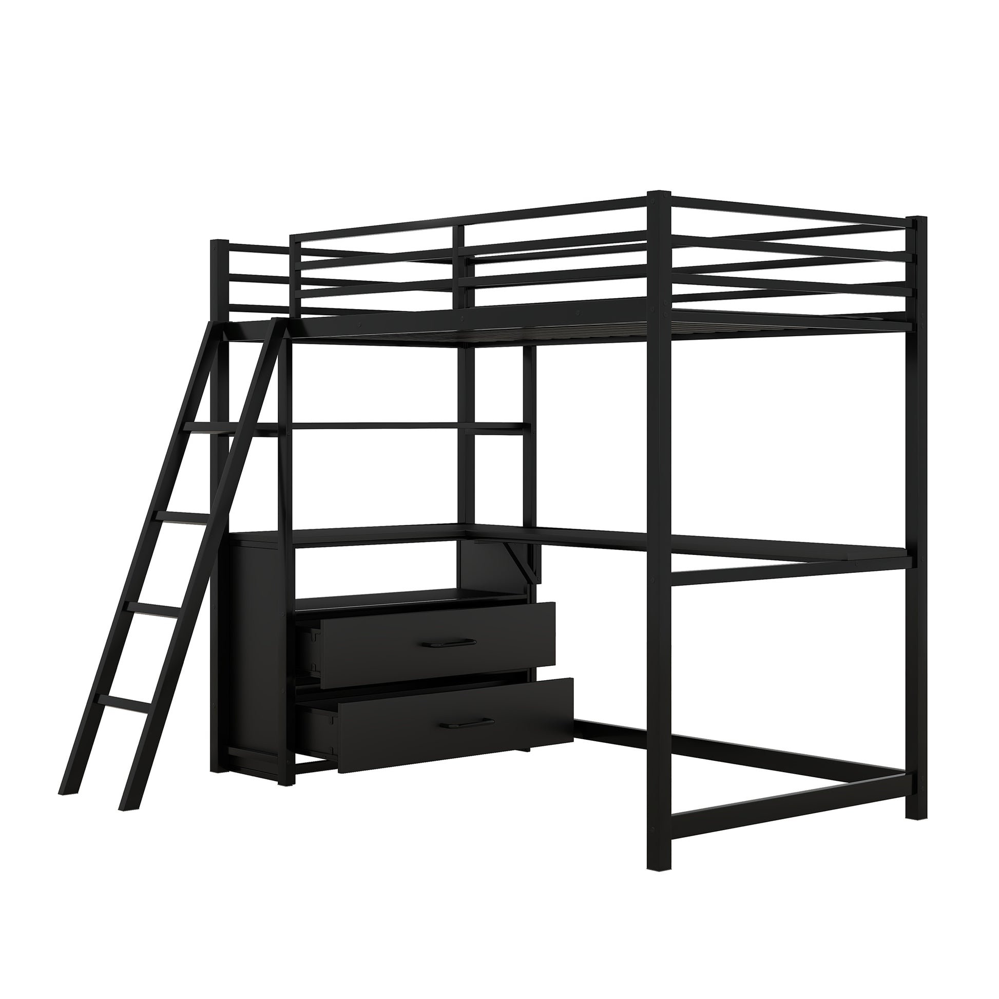 Twin Size Metal&Wood Loft Bed With Desk And Shelves, Two Built In Drawers, Black Black Metal & Wood