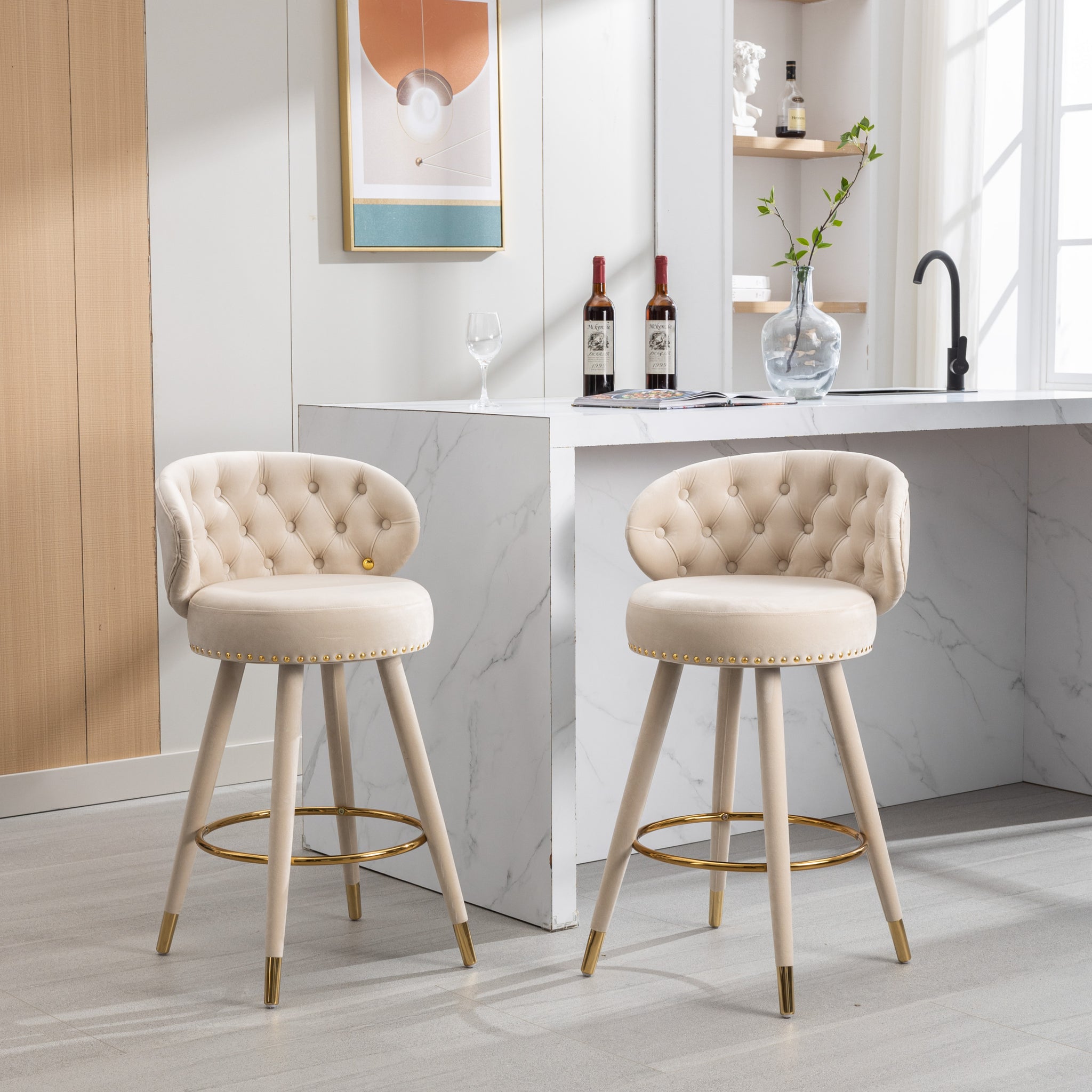 Coolmore Counter Height Bar Stools Set Of 2 For Kitchen Counter Solid Wood Legs With A Fixed Height Of 360 Degrees Beige Velvet
