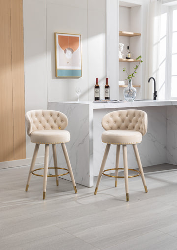 Coolmore Counter Height Bar Stools Set Of 2 For Kitchen Counter Solid Wood Legs With A Fixed Height Of 360 Degrees Beige Velvet