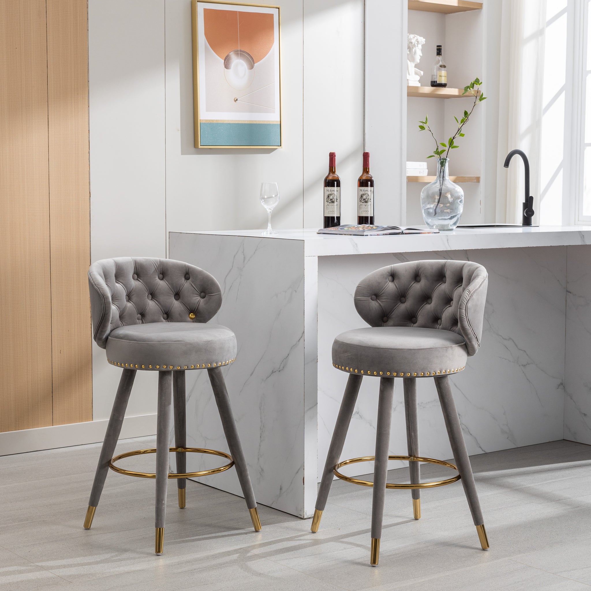 Coolmore Counter Height Bar Stools Set Of 2 For Kitchen Counter Solid Wood Legs With A Fixed Height Of 360 Degrees Gray Velvet