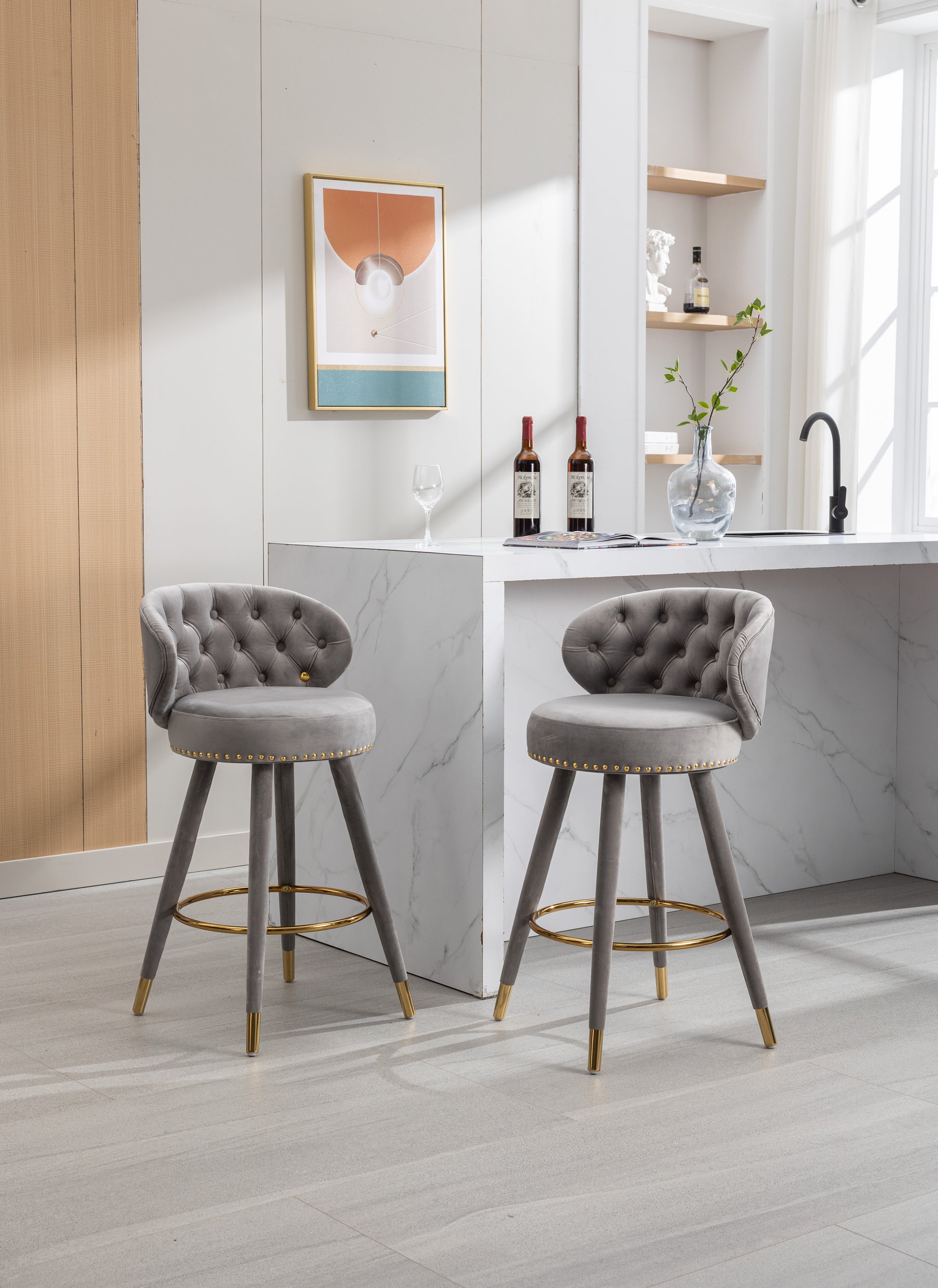 Coolmore Counter Height Bar Stools Set Of 2 For Kitchen Counter Solid Wood Legs With A Fixed Height Of 360 Degrees Gray Velvet