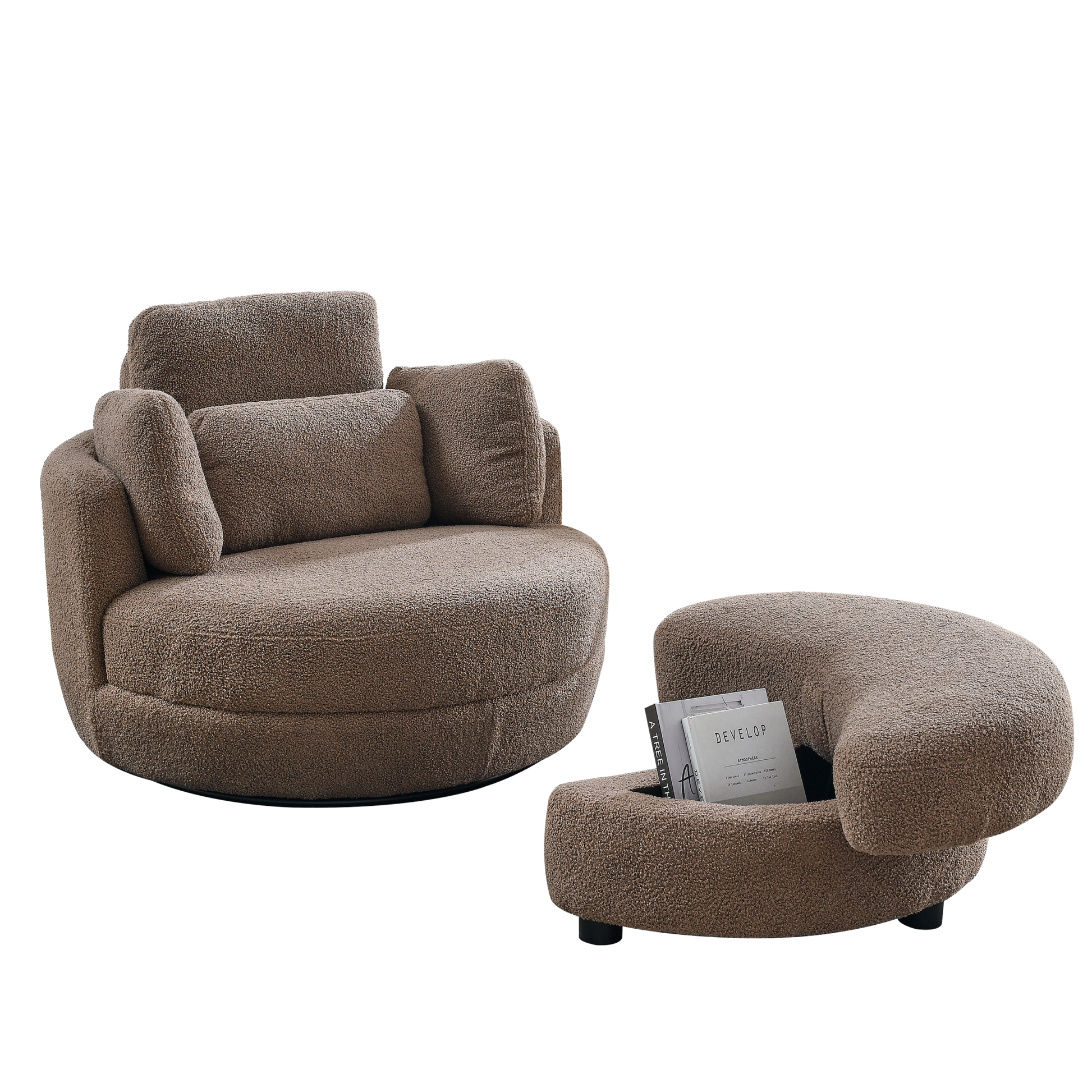 39"W Oversized Swivel Chair With Moon Storage Ottoman For Living Room, Modern Accent Round Loveseat Circle Swivel Barrel Chairs For Bedroom Cuddle Sofa Chair Lounger Armchair, 4 Pillows, Teddy Fabric Coffee Foam Fabric