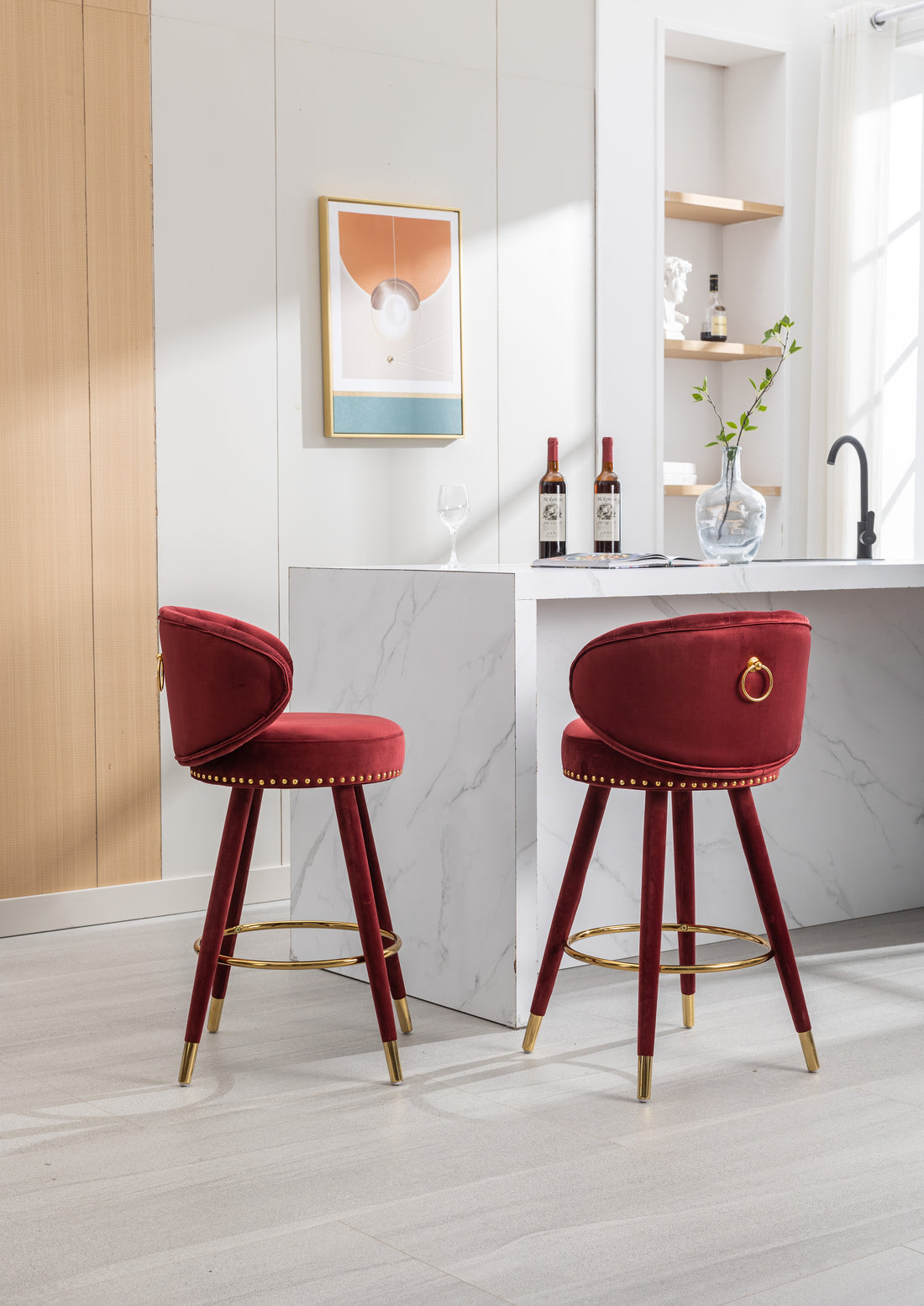 Coolmore Counter Height Bar Stools Set Of 2 For Kitchen Counter Solid Wood Legs With A Fixed Height Of 360 Degrees Claret Red Velvet