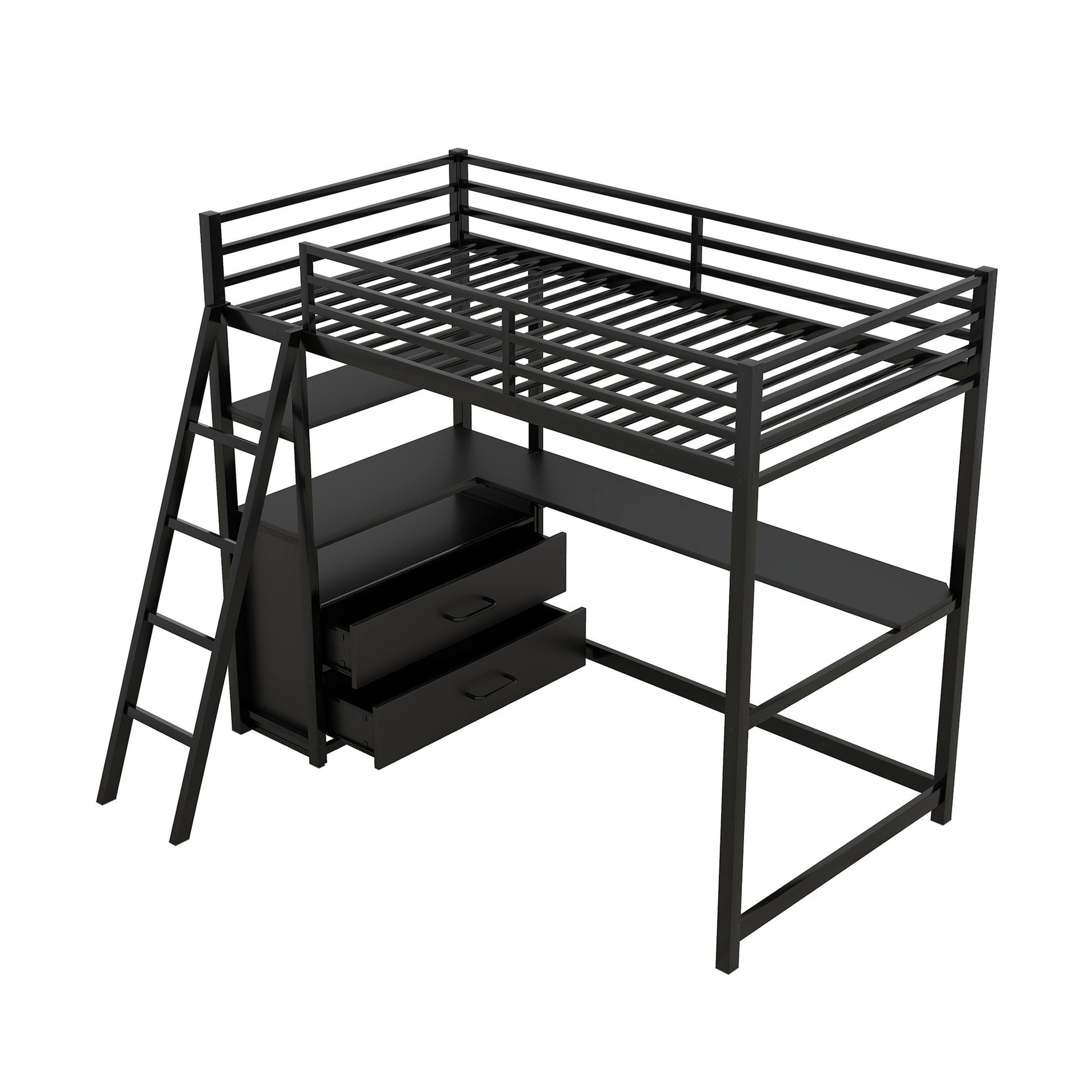 Twin Size Metal&Wood Loft Bed With Desk And Shelves, Two Built In Drawers, Black Black Metal & Wood