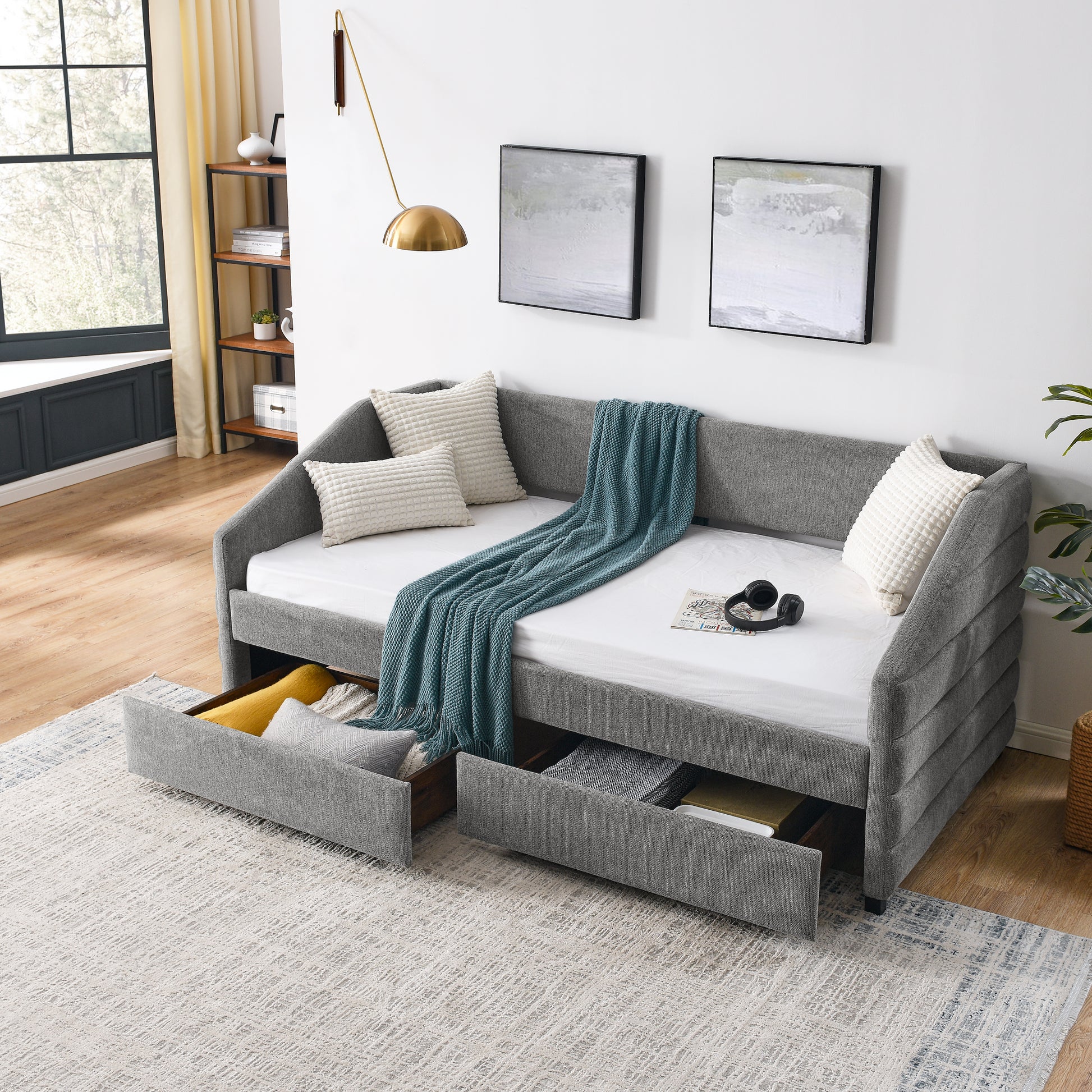 Twin Size Daybed With Two Drawers Trundle Upholstered Tufted Sofa Bed, Linen Fabric, Grey 82.5"X42.5"X34" Box Spring Not Required Twin Grey Composite Bedroom Classic,Contemporary,French,Luxury,Modern Linen Linen