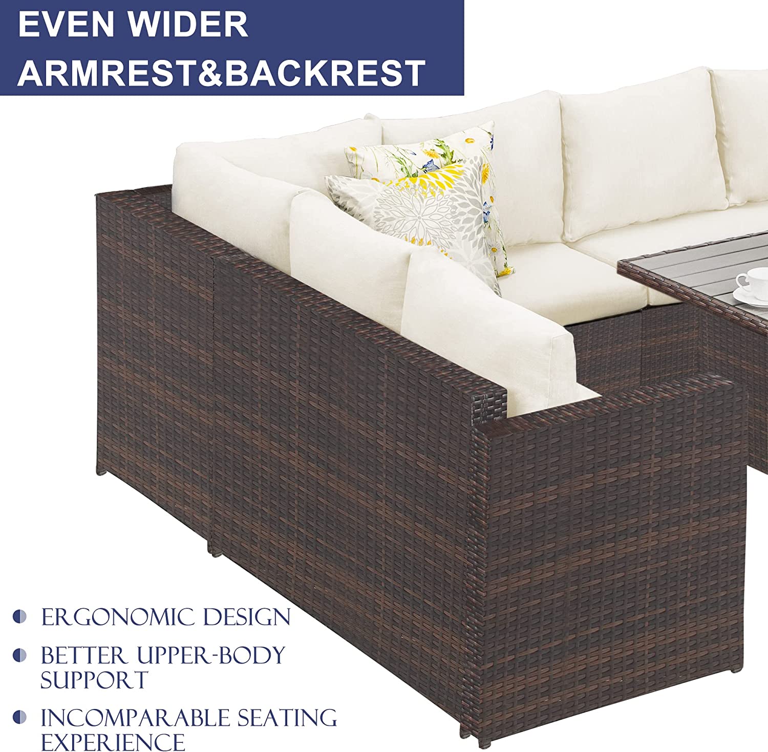 7 Pieces Pe Rattan Wicker Patio Dining Sectional Cusions Sofa Set With Ivory Cushions Ivory Wicker