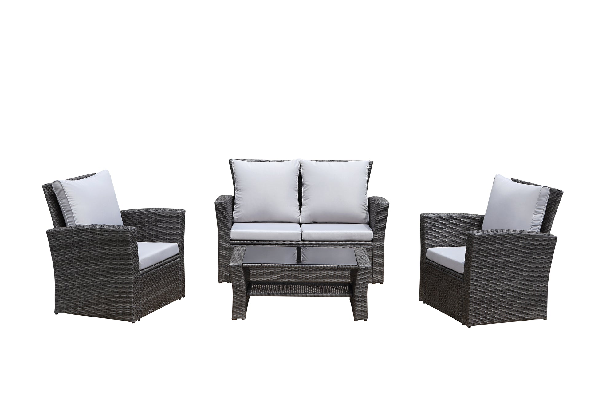 4 Pieces Pe Rattan Wicker Outdoor Patio Furniture Set With Grey Cushions Grey Wicker