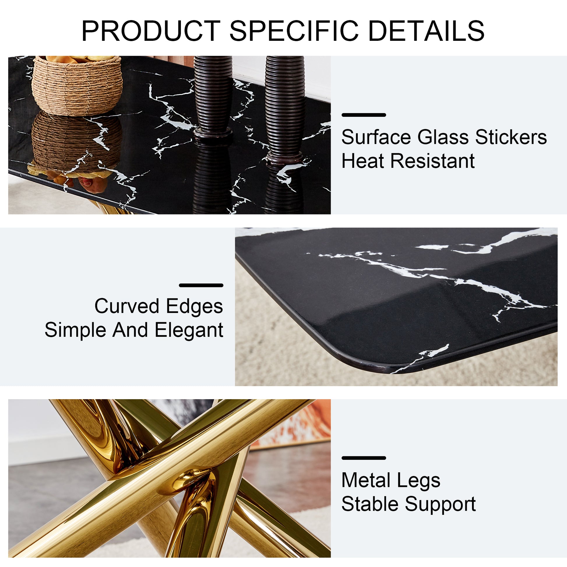 Large Modern Minimalist Rectangular Dining Table With 0.39 "Imitation Marble Black Tabletop And Golden Metal Legs, For Kitchen Dining Living Meeting Room Banquet Hall 1537 Black Glass