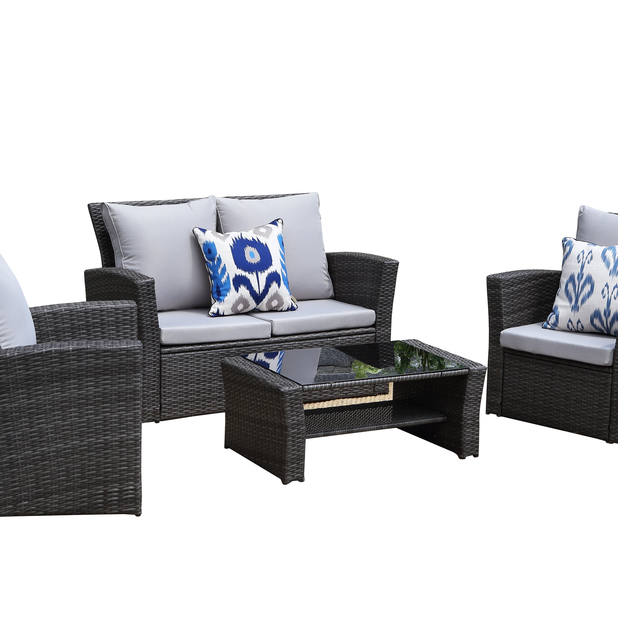 4 Pieces Pe Rattan Wicker Outdoor Patio Furniture Set With Grey Cushions Grey Wicker