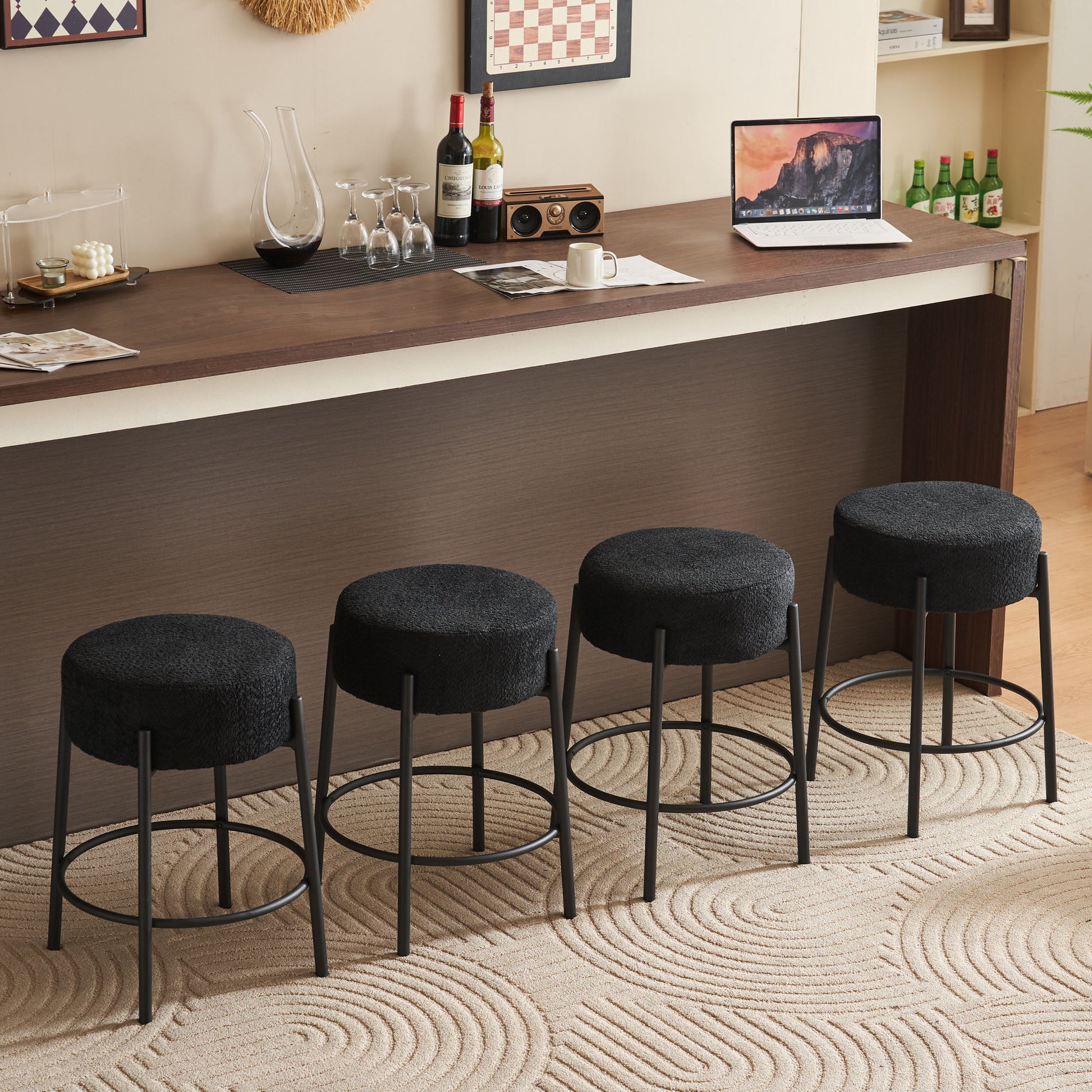 24" Tall, Round Bar Stools, Set Of 2 Contemporary Upholstered Dining Stools For Kitchens, Coffee Shops And Bar Stores Includes Sturdy Hardware Support Legs Black Foam