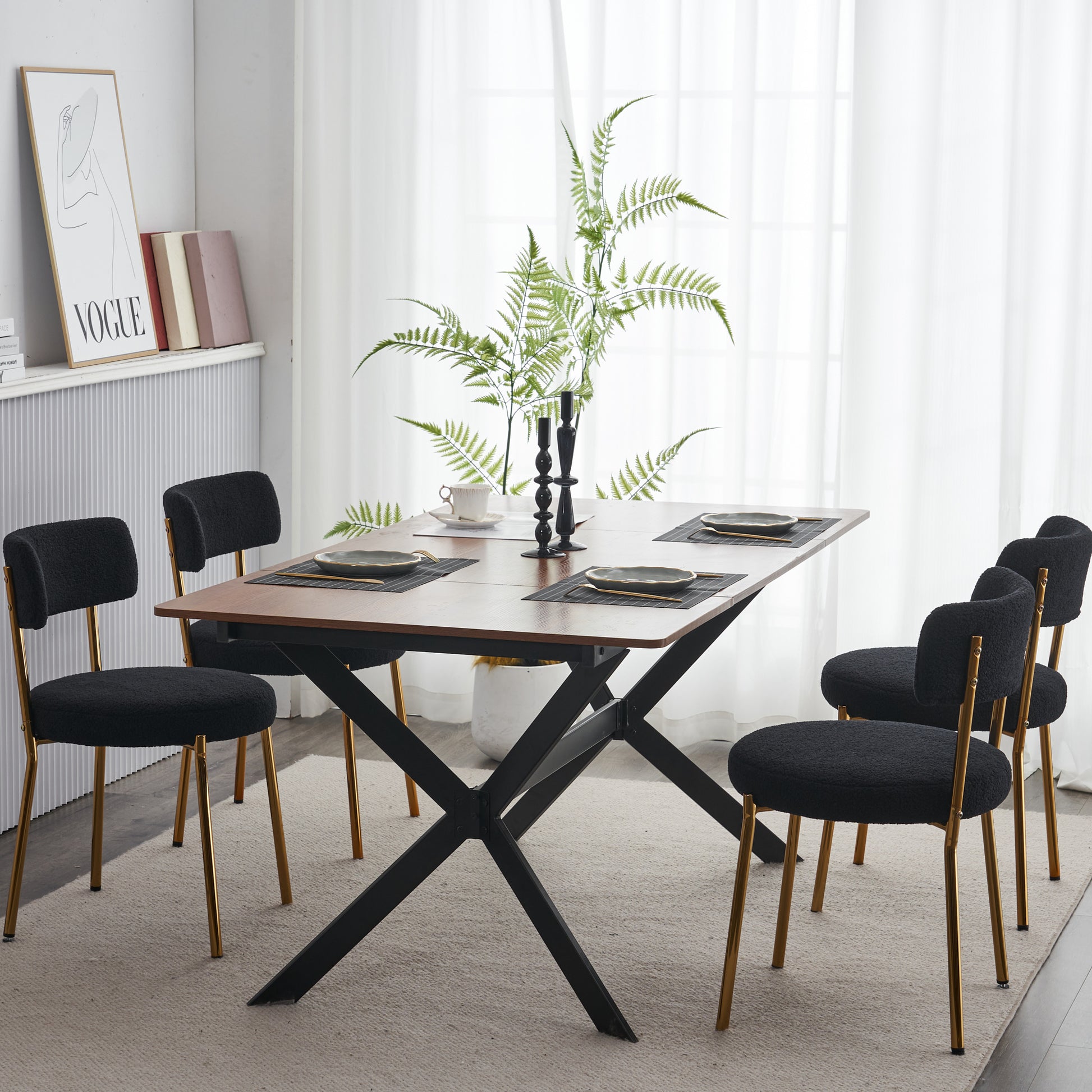 Set Of 2 Mid Century Modern Dining Chairs Teddy Fabric Upholstery Curved Back Metal Frame Black Elegant And Comfortable Kitchen Chairs Black Metal