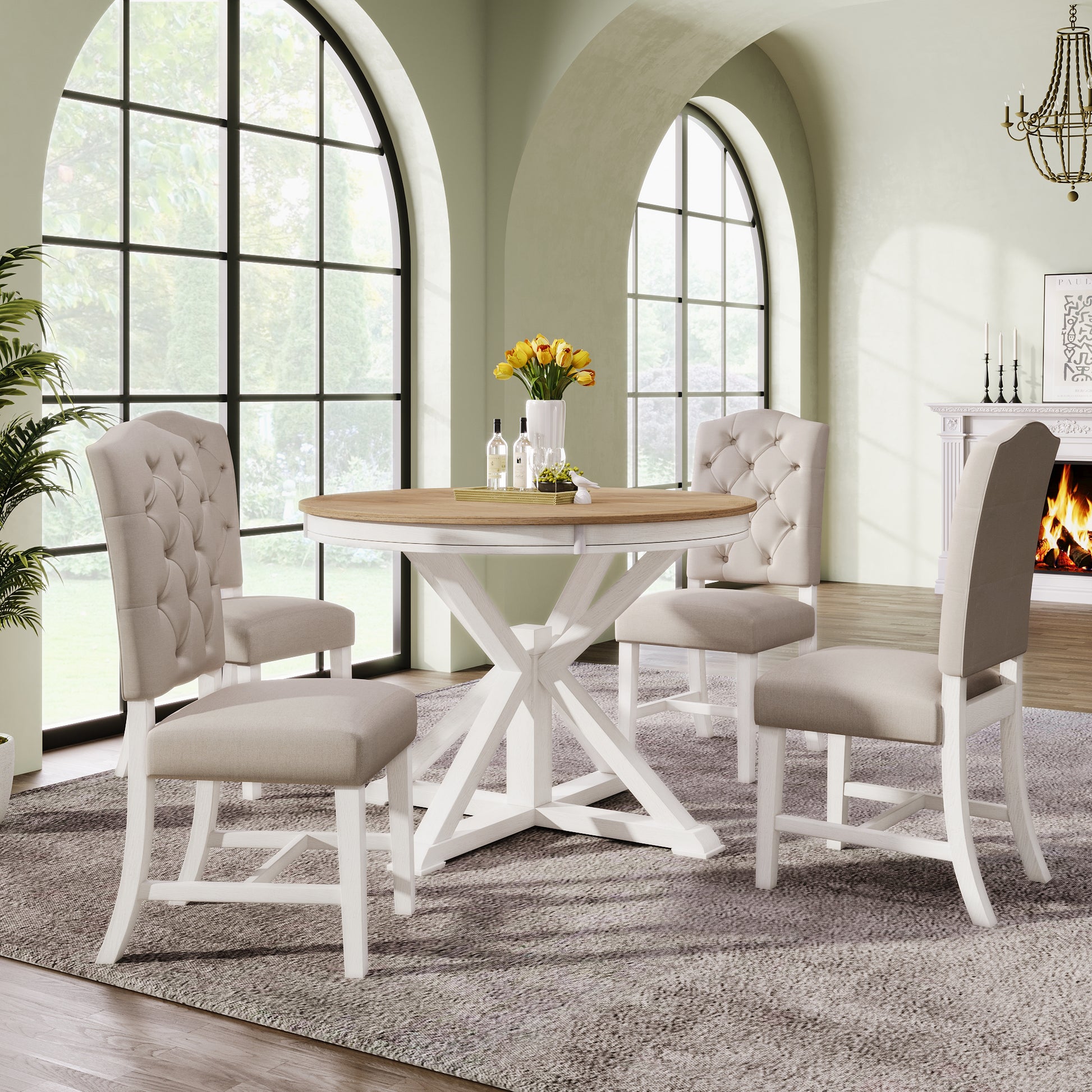 Functional Furniture Retro Style Dining Table Set With Extendable Table And 4 Upholstered Chairs For Dining Room And Living Room Oak Natural Wood Off White Oak Natural Wood Off White Solid Wood