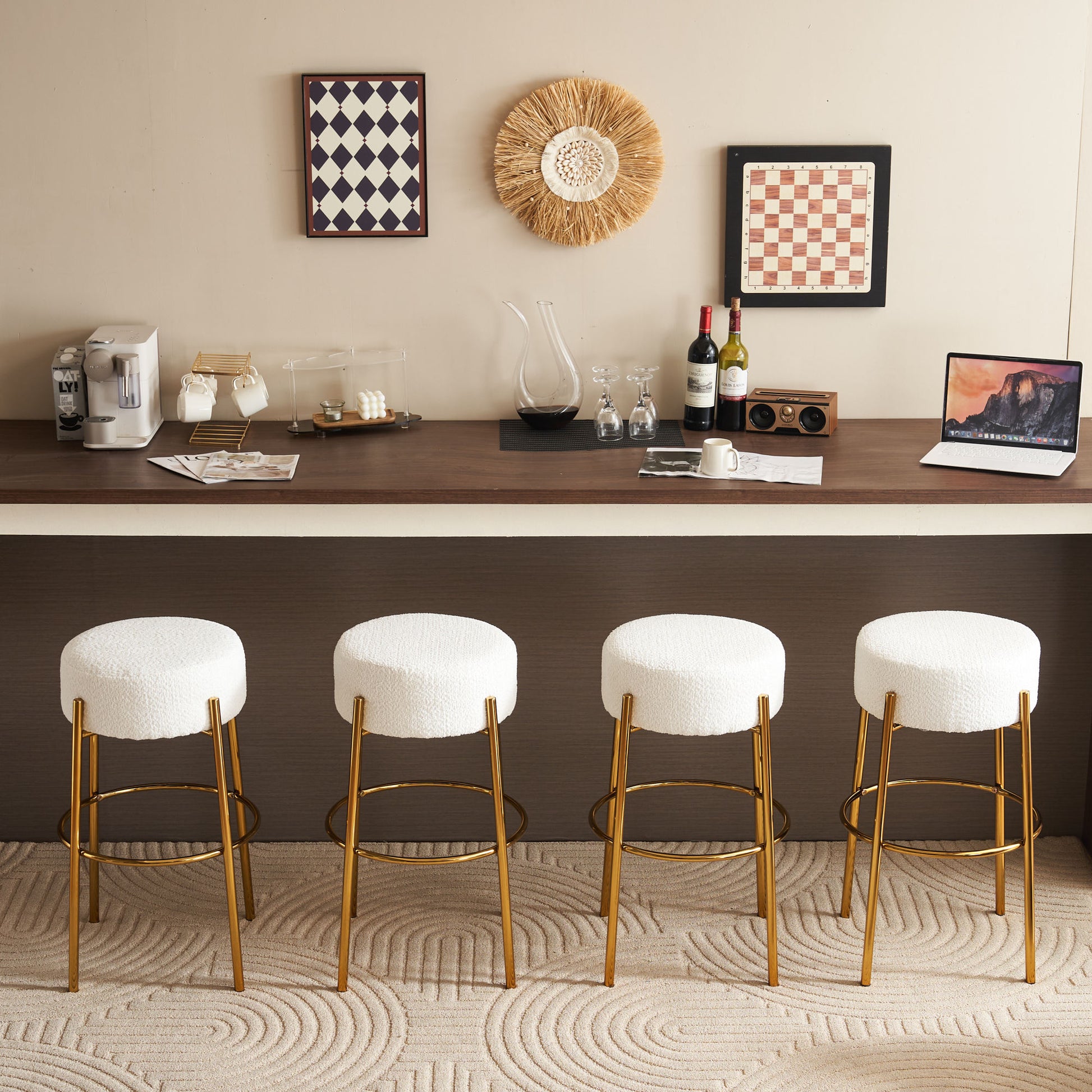 30" Tall, Round High Bar Stools, Set Of 2 Contemporary Upholstered Dining Stools For Kitchens, Coffee Shops And Bar Stores Includes Sturdy Hardware Support Legs Beige Foam