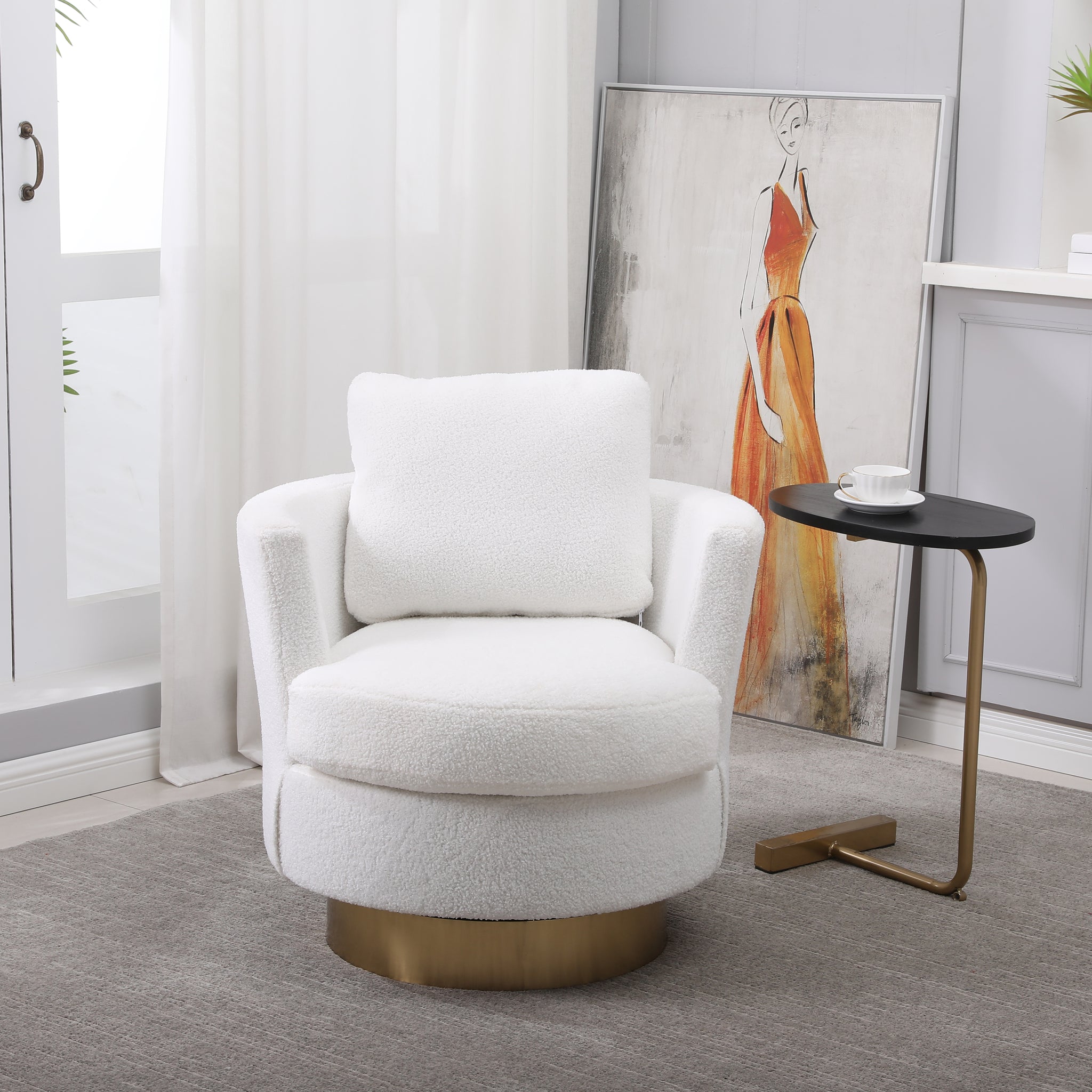 Teddy Swivel Barrel Chair, Swivel Accent Chairs Armchair For Living Room, Reading Chairs For Bedroom Comfy, Round Barrel Chairs With Gold Stainless Steel Base White White Primary Living Space American Design Foam Faux Fur