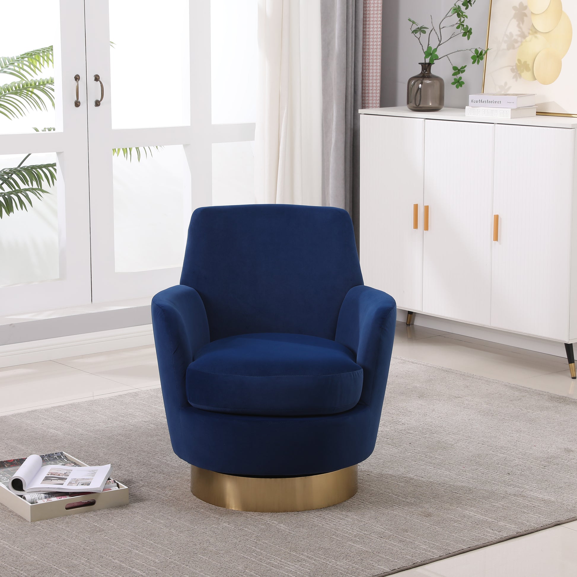 Velvet Swivel Barrel Chair, Swivel Accent Chairs Armchair For Living Room, Reading Chairs For Bedroom Comfy, Round Barrel Chairs With Gold Stainless Steel Base Navy Navy Primary Living Space American Design Foam Velvet
