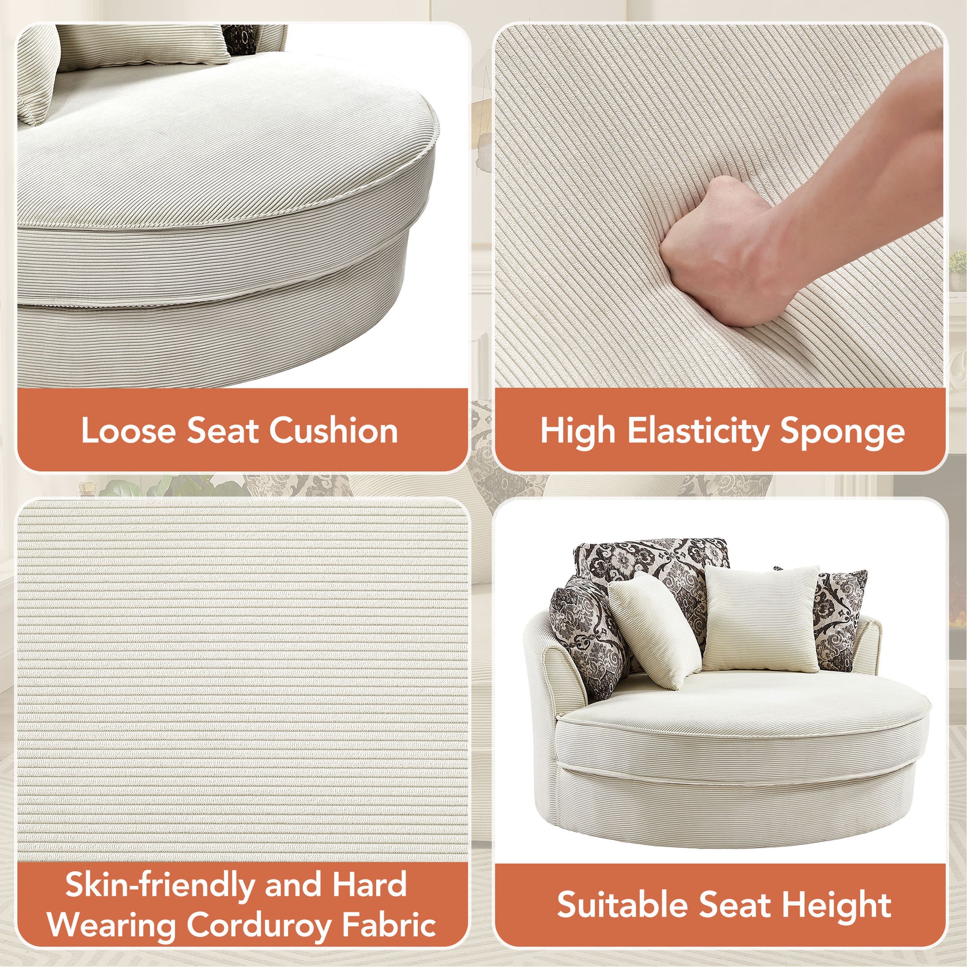 Swivel Accent Barrel Chair With 5 Movable Pillow 360 Degree Swivel Round Sofa Chair For Living Room,Bedroom, Hotel, Beige Beige Foam Corduroy