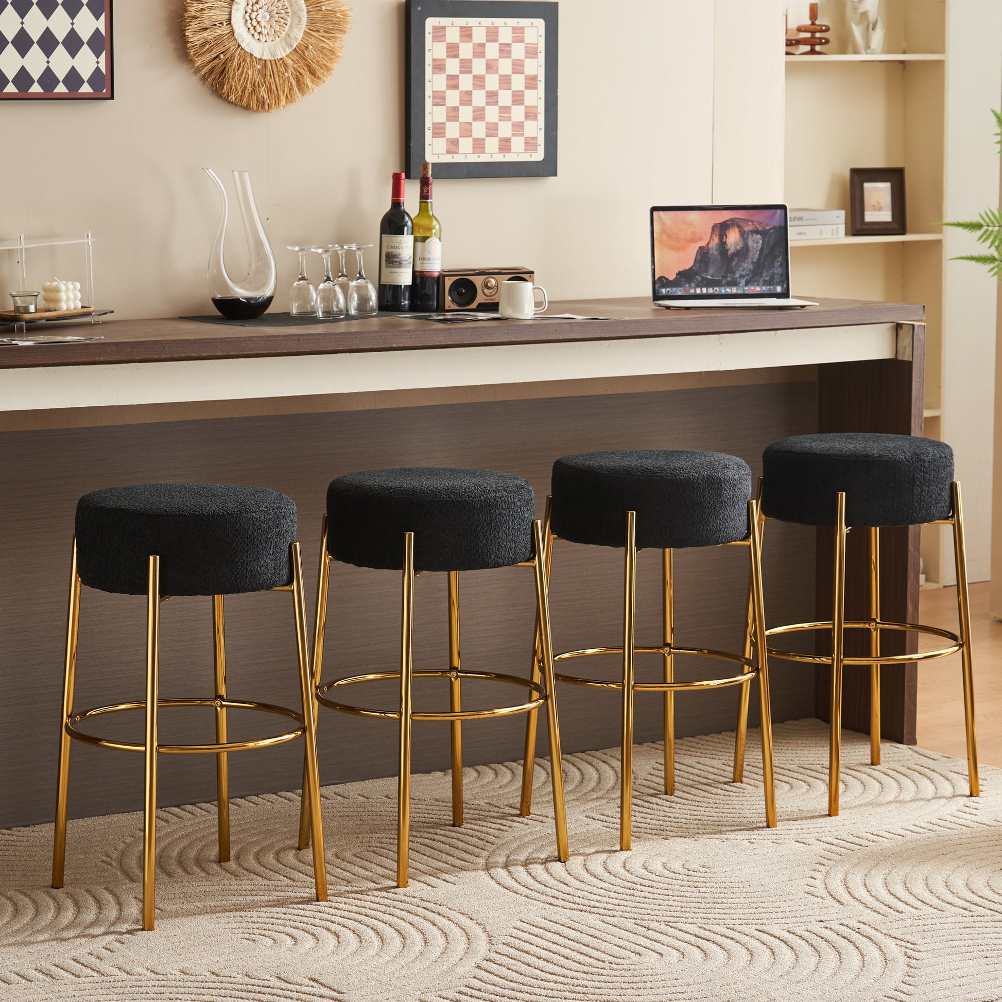 30" Tall, Round High Bar Stools, Set Of 2 Contemporary Upholstered Dining Stools For Kitchens, Coffee Shops And Bar Stores Includes Sturdy Hardware Support Legs Black Foam