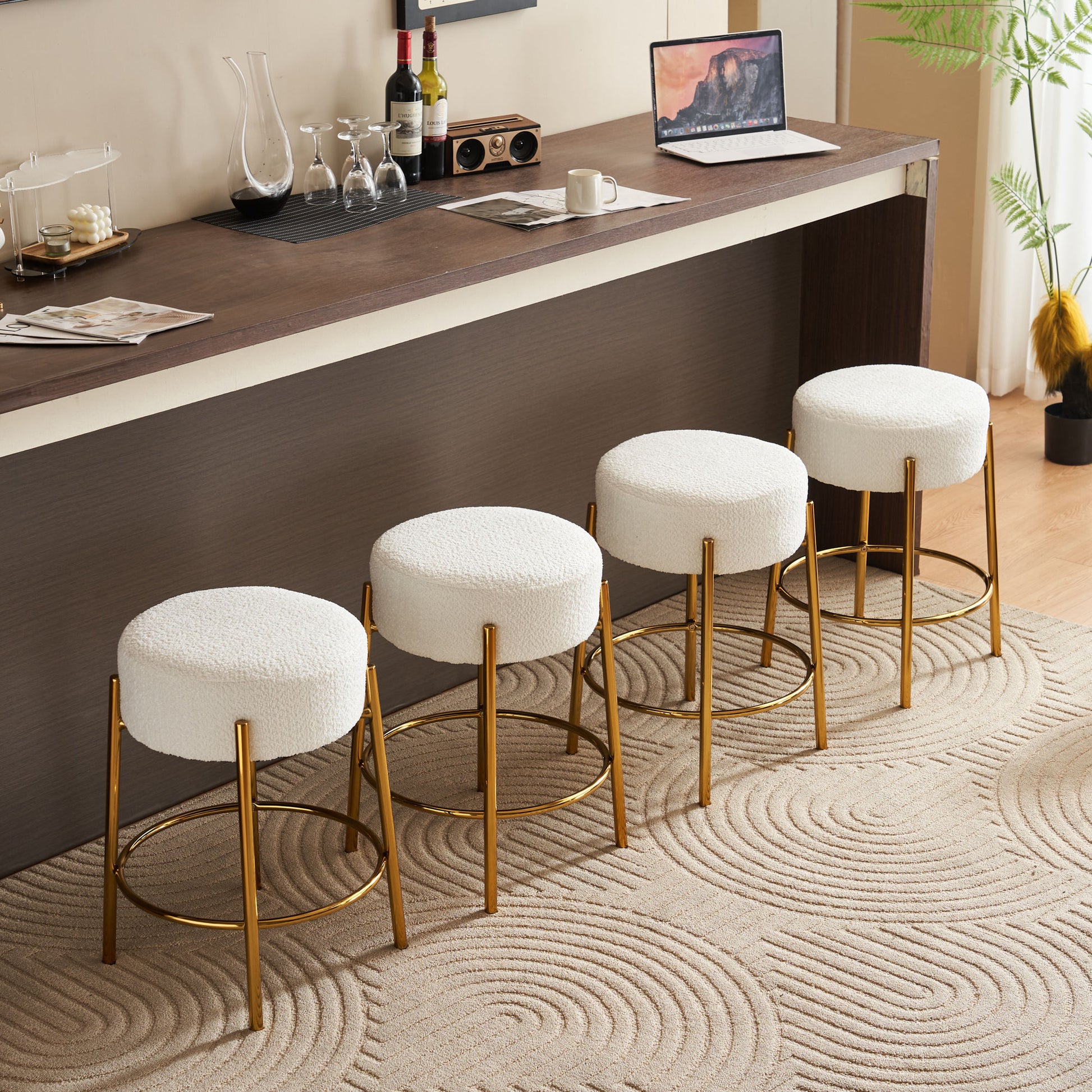 24" Tall, Round Bar Stools, Set Of 2 Contemporary Upholstered Dining Stools For Kitchens, Coffee Shops And Bar Stores Includes Sturdy Hardware Support Legs Beige Foam