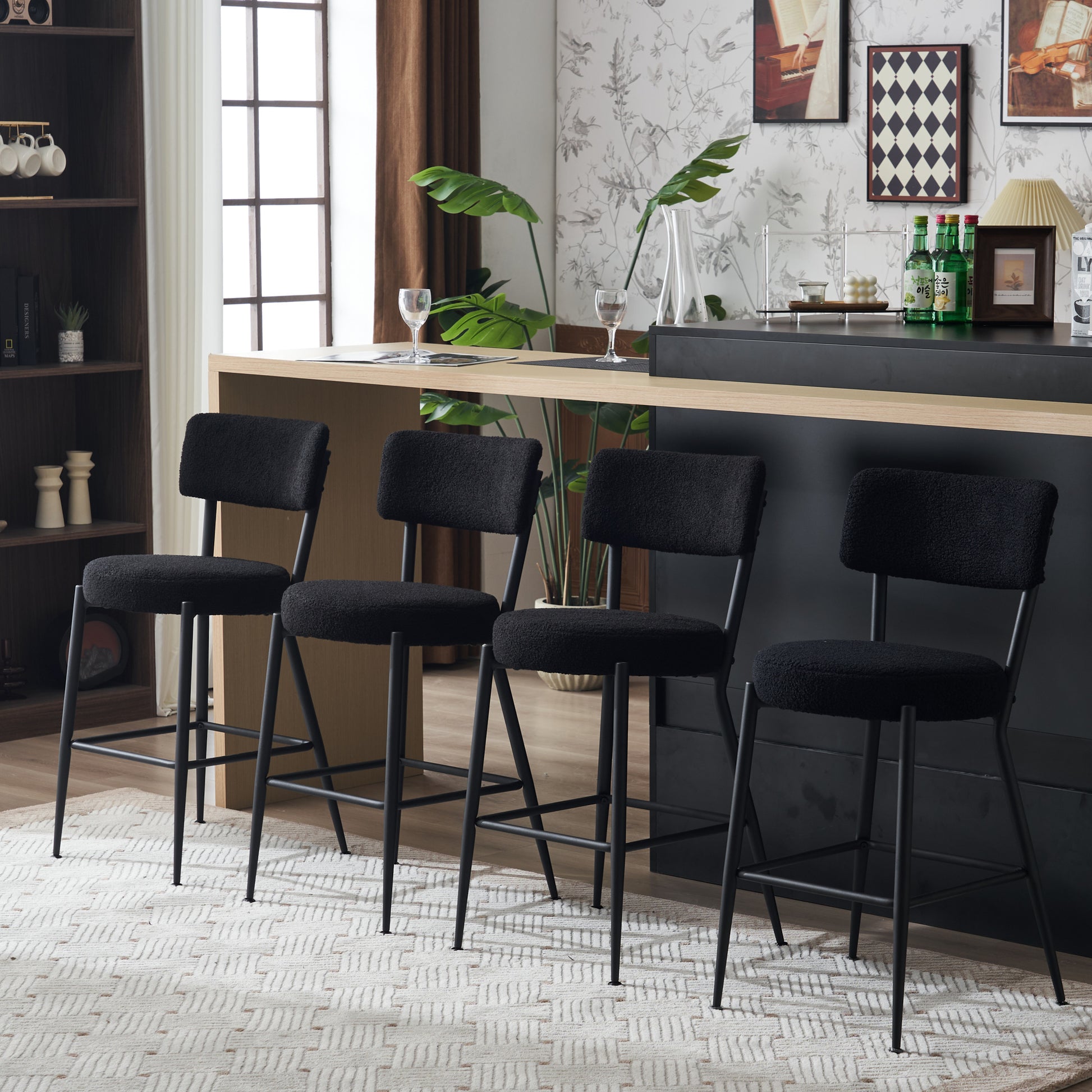 Set Of 4 Modern Teddy Fabric Upholstered Bar Stools Metal Base High Stool Suitable For Kitchen, Dining And Living Room Black Stylish And Comfortable Island Seating Black Metal