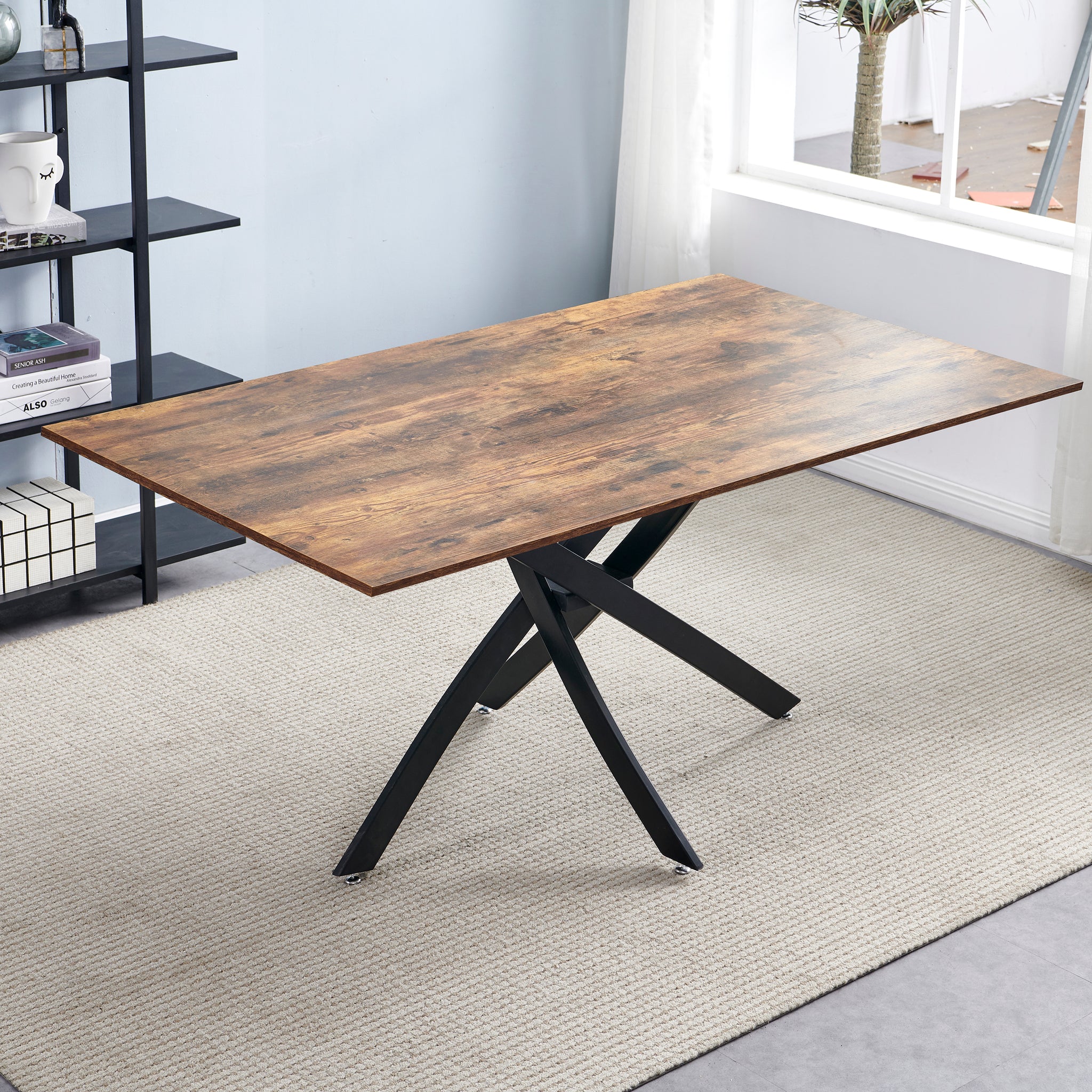 Rectangle Mdf Dining Table, Printed Walnut Table Top And Black Metal Base Walnut Mdf