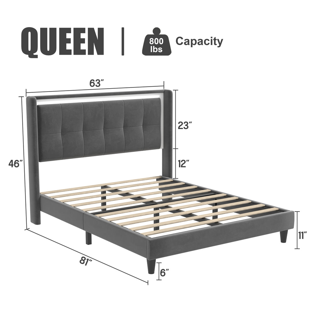 Queen Size Upholstered Platform Bed Frame With Headboard And Sturdy Wooden Slats, High Load Bearing Capacity, Non Slip And Noiseless, No Springs Required, Easy To Assemble, Dark Gray Bed Dark Grey Metal & Wood