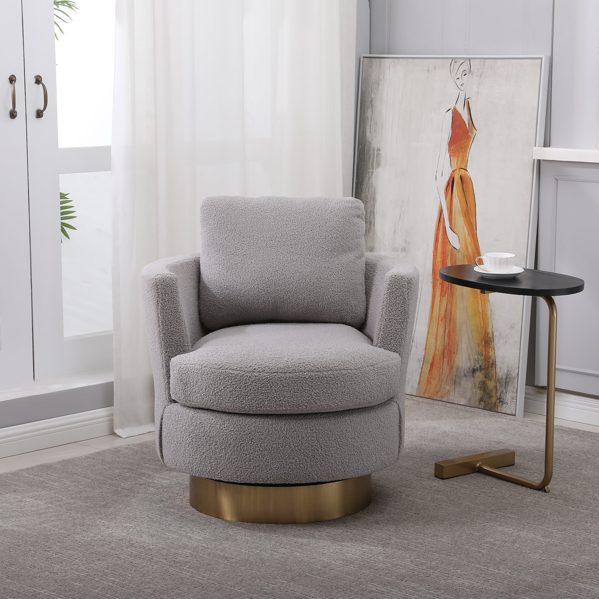 Teddy Swivel Barrel Chair, Swivel Accent Chairs Armchair For Living Room, Reading Chairs For Bedroom Comfy, Round Barrel Chairs With Gold Stainless Steel Base Grey Grey Teddy Primary Living Space American Design Foam Faux Fur